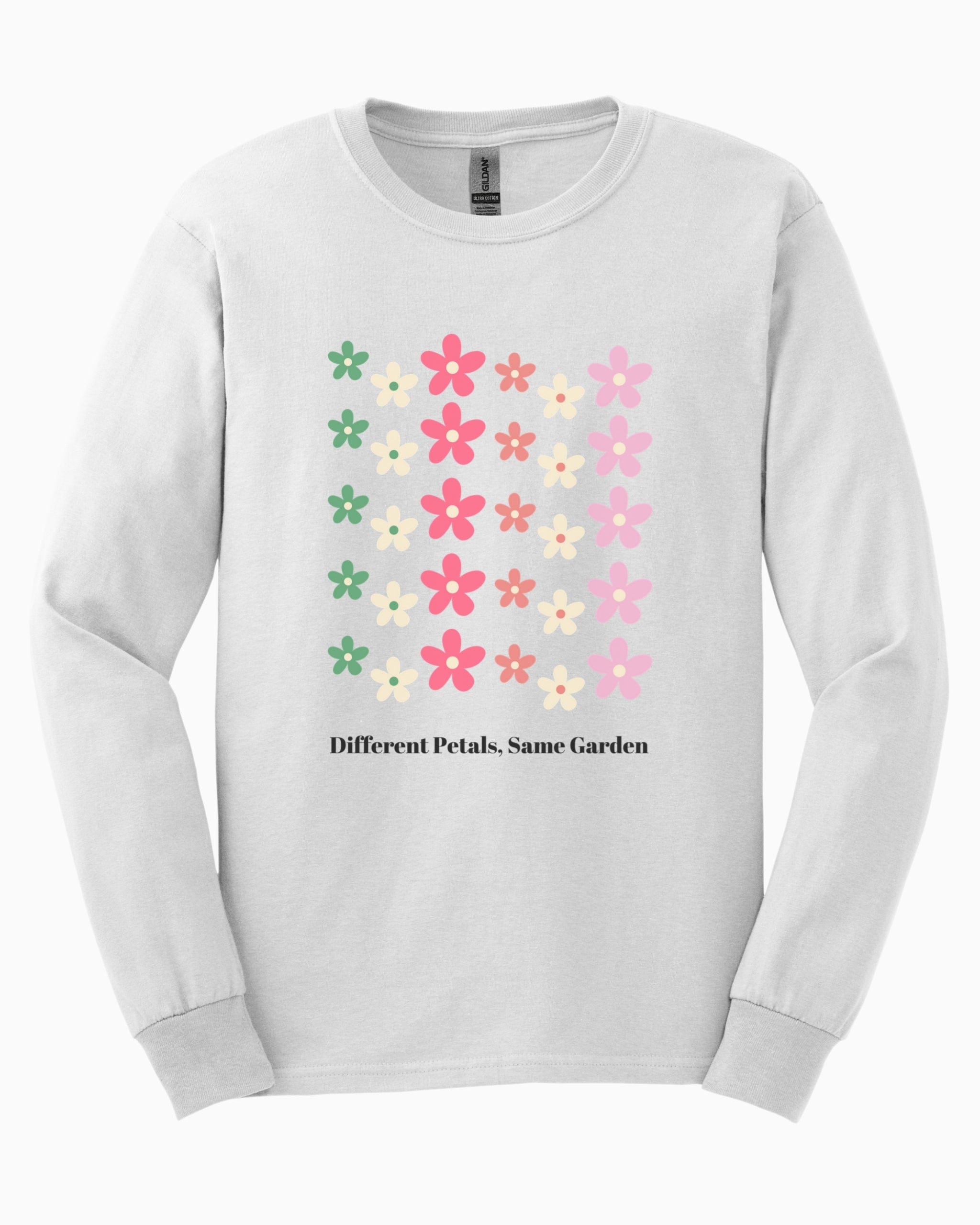 Different Petals Same Garden Long Sleeve T-Shirt-White-Neurodiversity, ADHD & Autism Awareness & Acceptance Long-sleeve by Daily Bloom