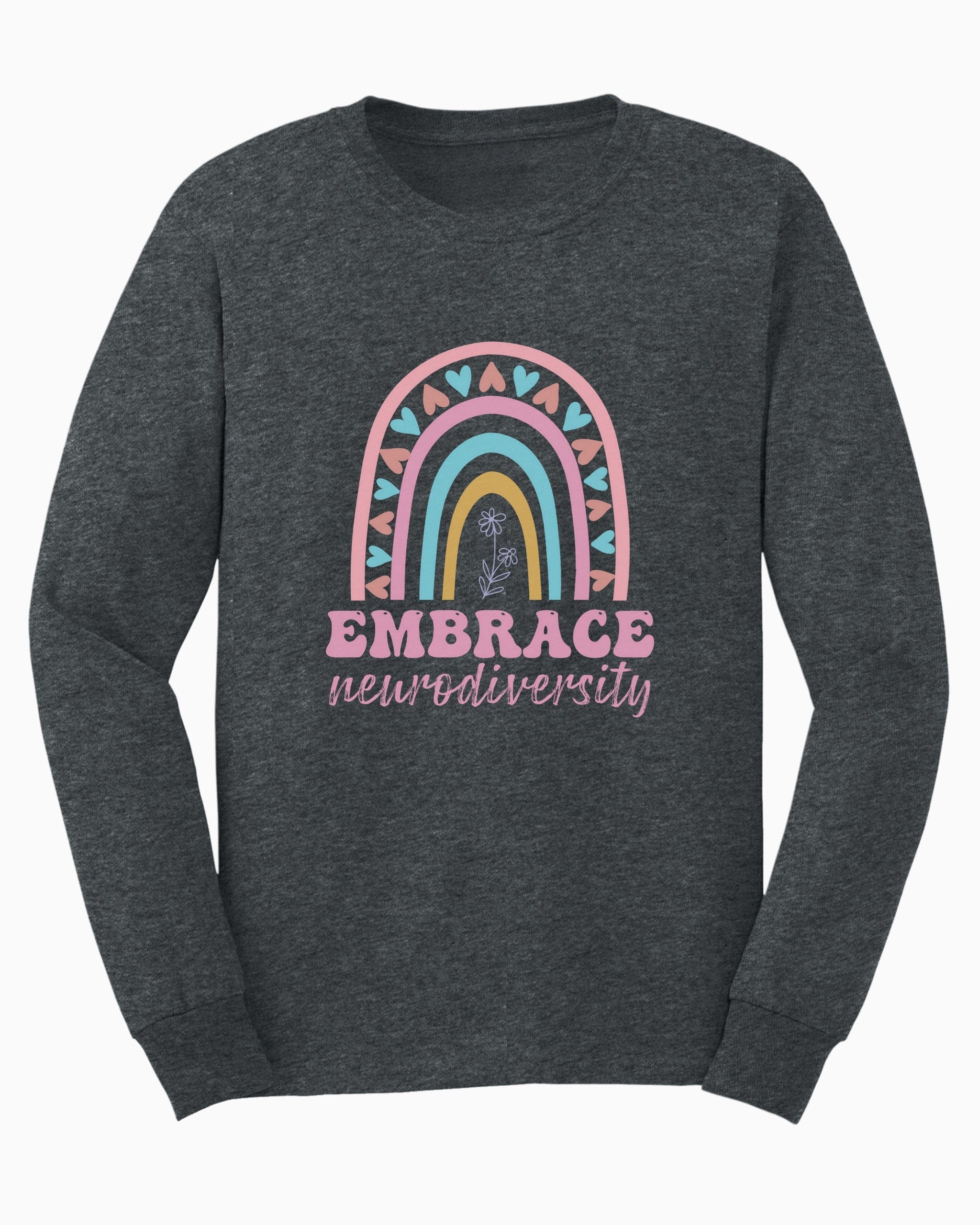 Embrace Neurodiversity Long Sleeve T-Shirt-Dark Heather-Neurodiversity, ADHD & Autism Awareness & Acceptance Long-sleeve by Daily Bloom