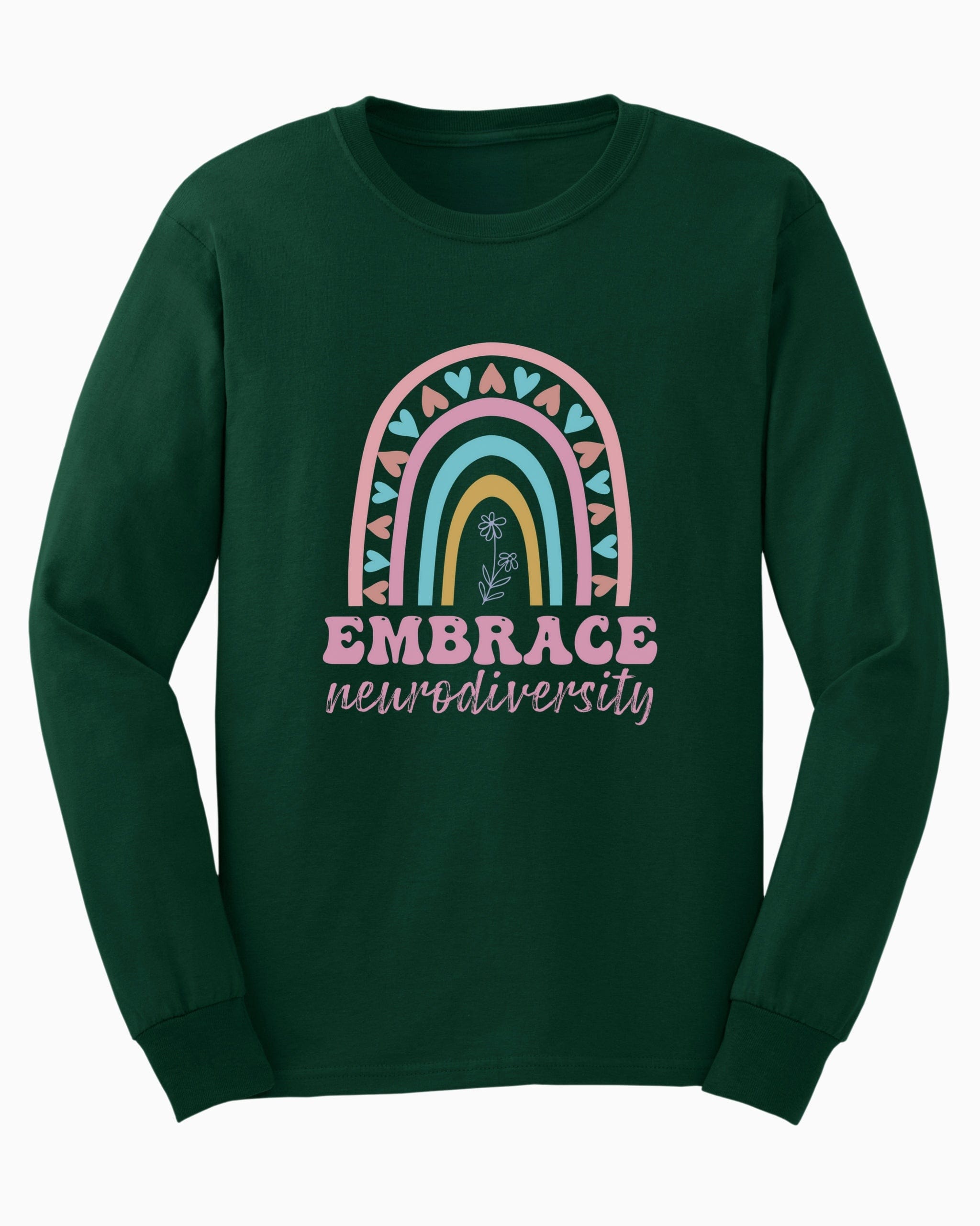 Embrace Neurodiversity Long Sleeve T-Shirt-Forest Green-Neurodiversity, ADHD & Autism Awareness & Acceptance Long-sleeve by Daily Bloom