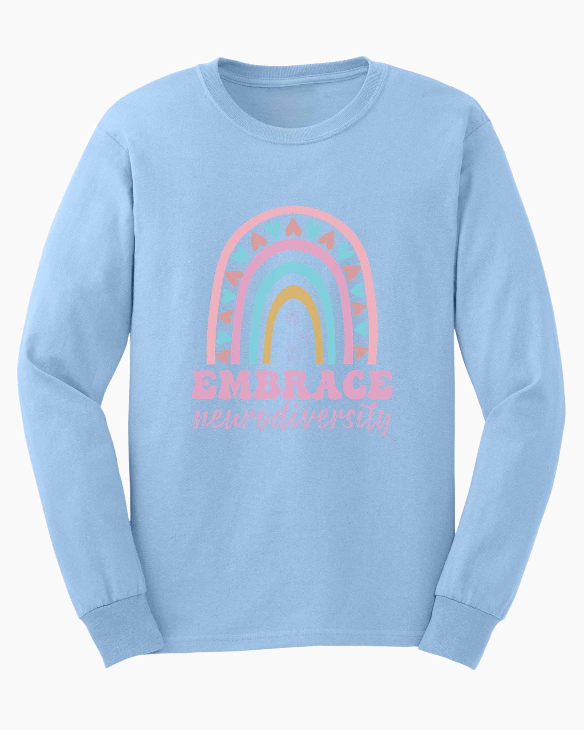 Embrace Neurodiversity Long Sleeve T-Shirt-Light Blue-Neurodiversity, ADHD & Autism Awareness & Acceptance Long-sleeve by Daily Bloom