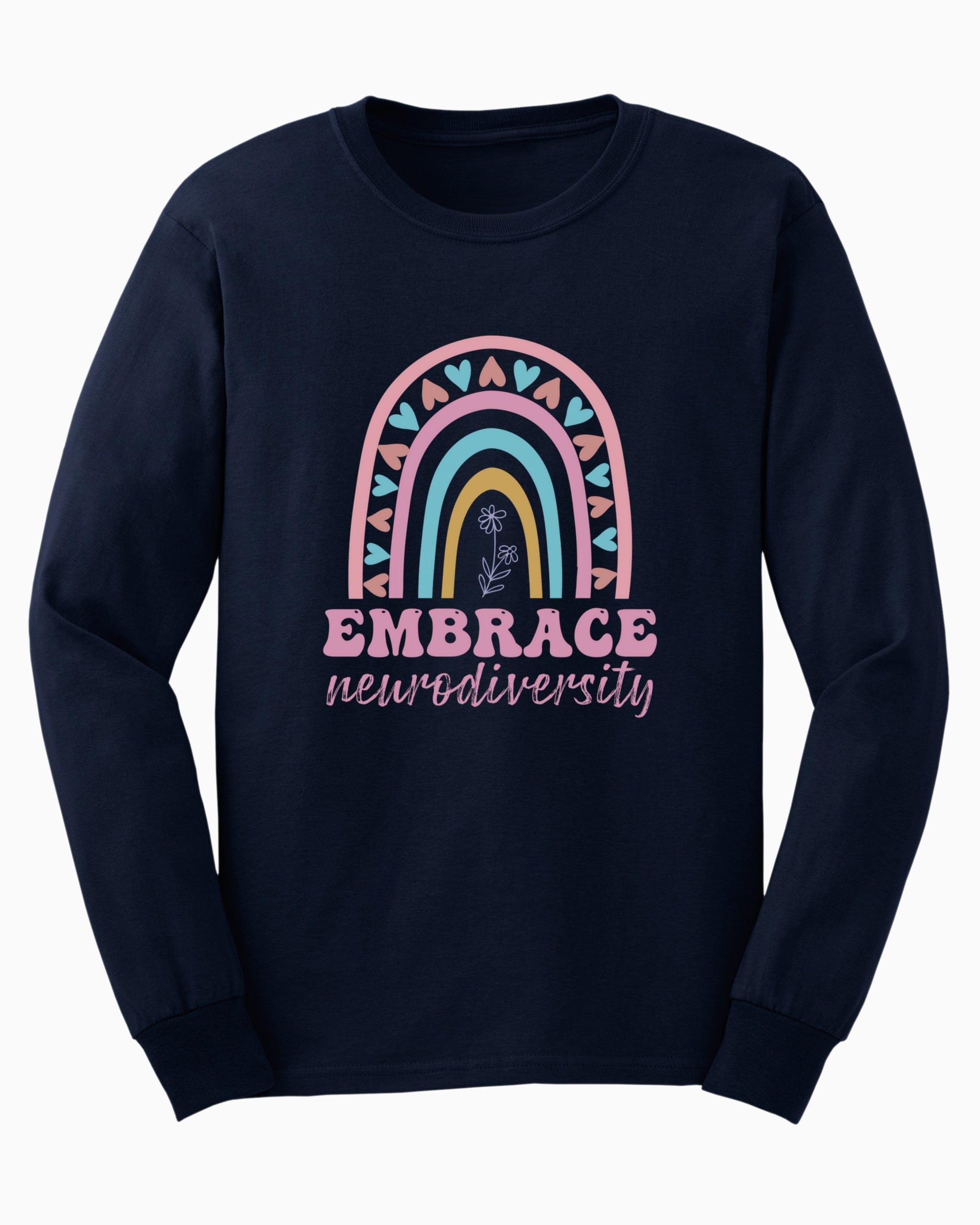 Embrace Neurodiversity Long Sleeve T-Shirt-Navy-Neurodiversity, ADHD & Autism Awareness & Acceptance Long-sleeve by Daily Bloom