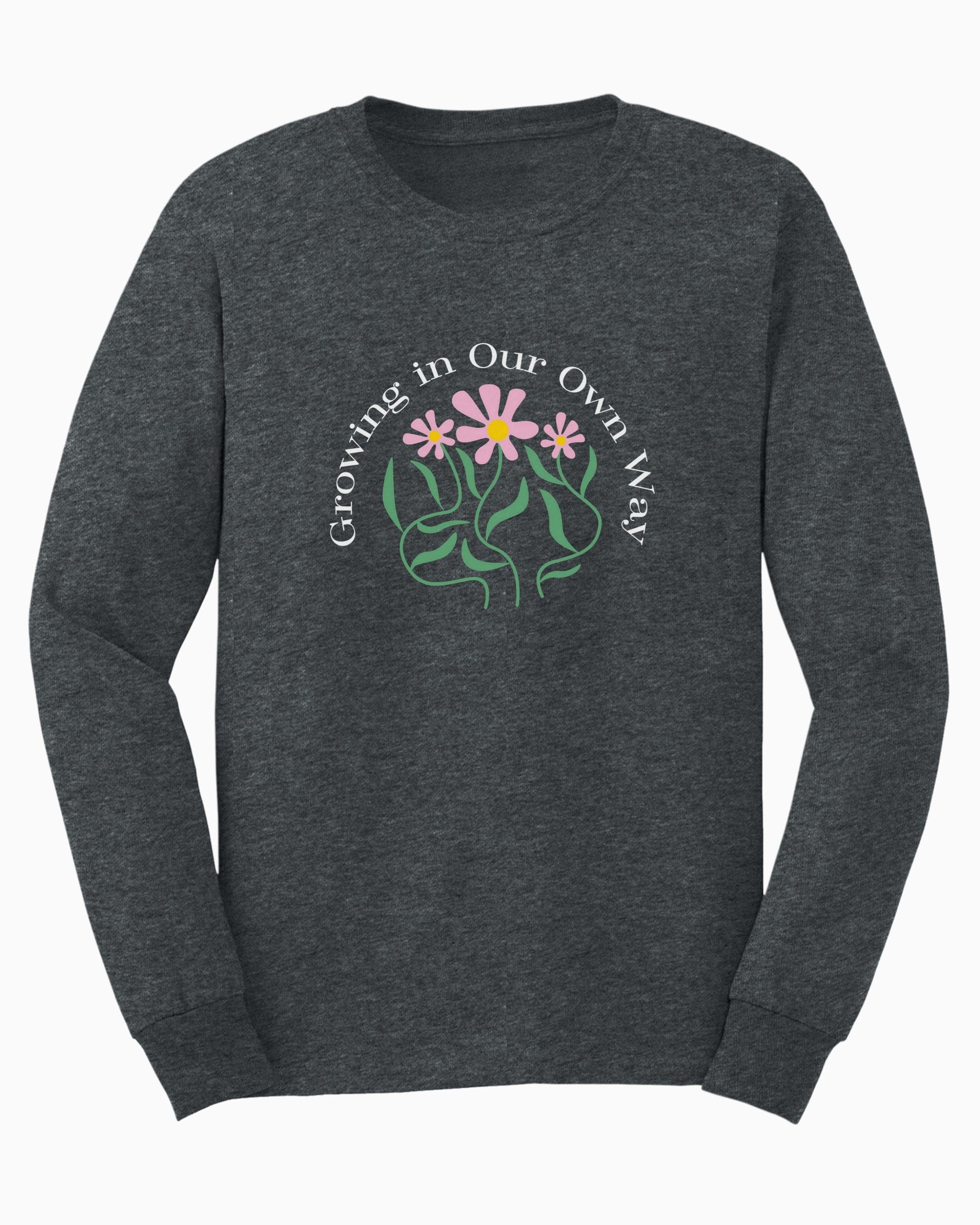 Growing in Our Own Way Long Sleeve T-Shirt-Dark Heather-Neurodiversity, ADHD & Autism Awareness & Acceptance Long-sleeve by Daily Bloom