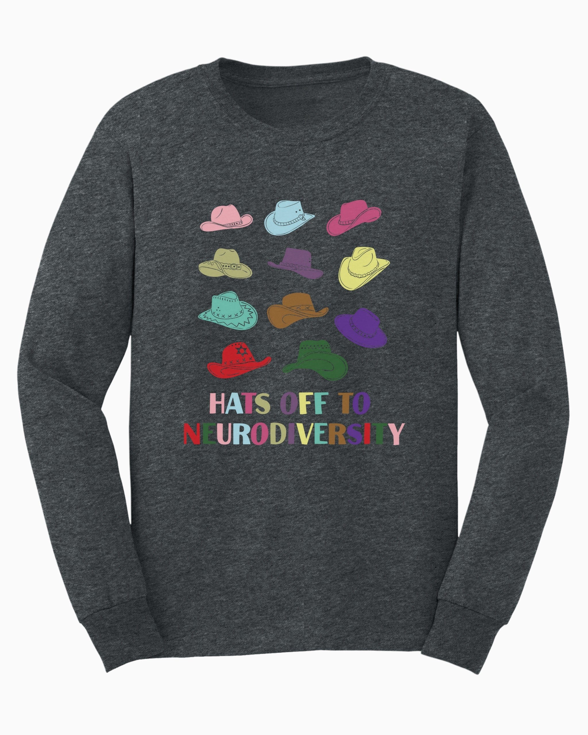 Hats off to Neurodiversity Long Sleeve T-Shirt-Dark Heather-Neurodiversity, ADHD & Autism Awareness & Acceptance Long-sleeve by Daily Bloom