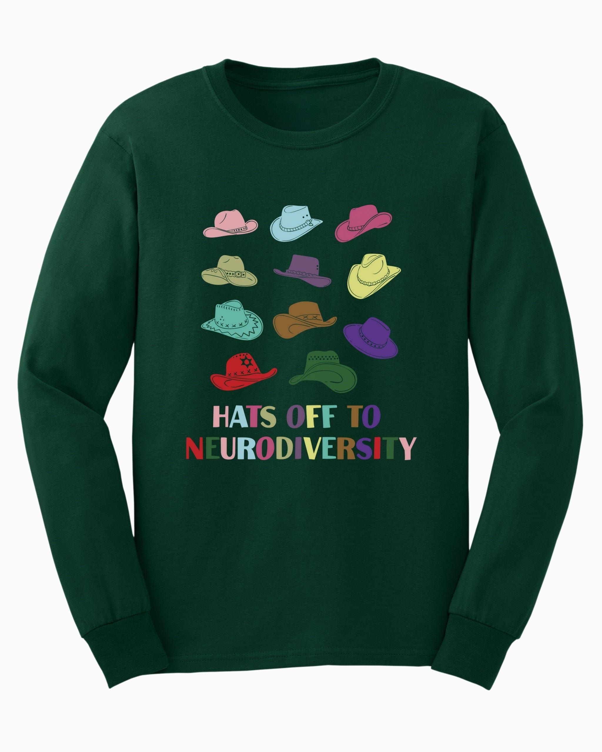 Hats off to Neurodiversity Long Sleeve T-Shirt-Forest Green-Neurodiversity, ADHD & Autism Awareness & Acceptance Long-sleeve by Daily Bloom