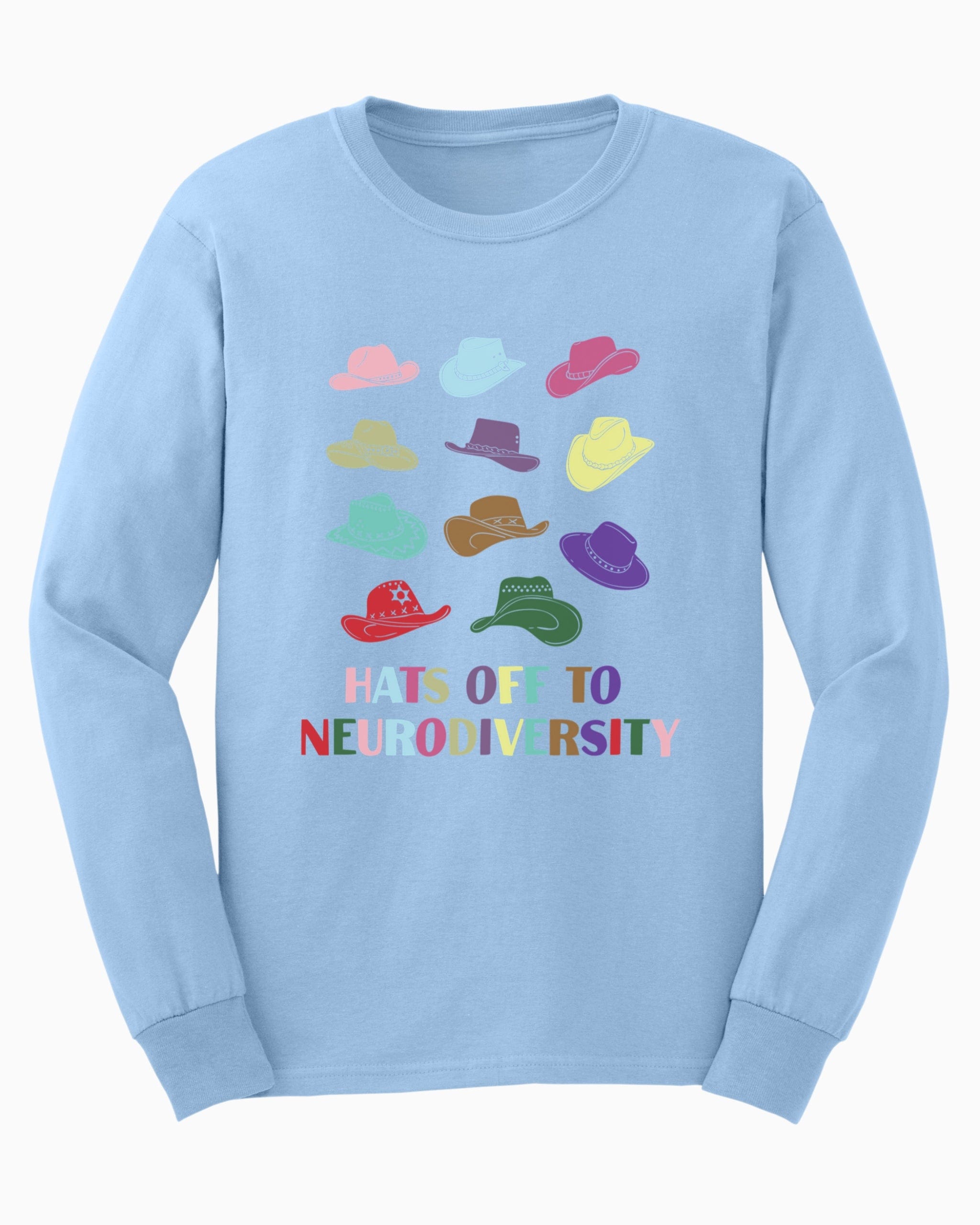 Hats off to Neurodiversity Long Sleeve T-Shirt-Light Blue-Neurodiversity, ADHD & Autism Awareness & Acceptance Long-sleeve by Daily Bloom