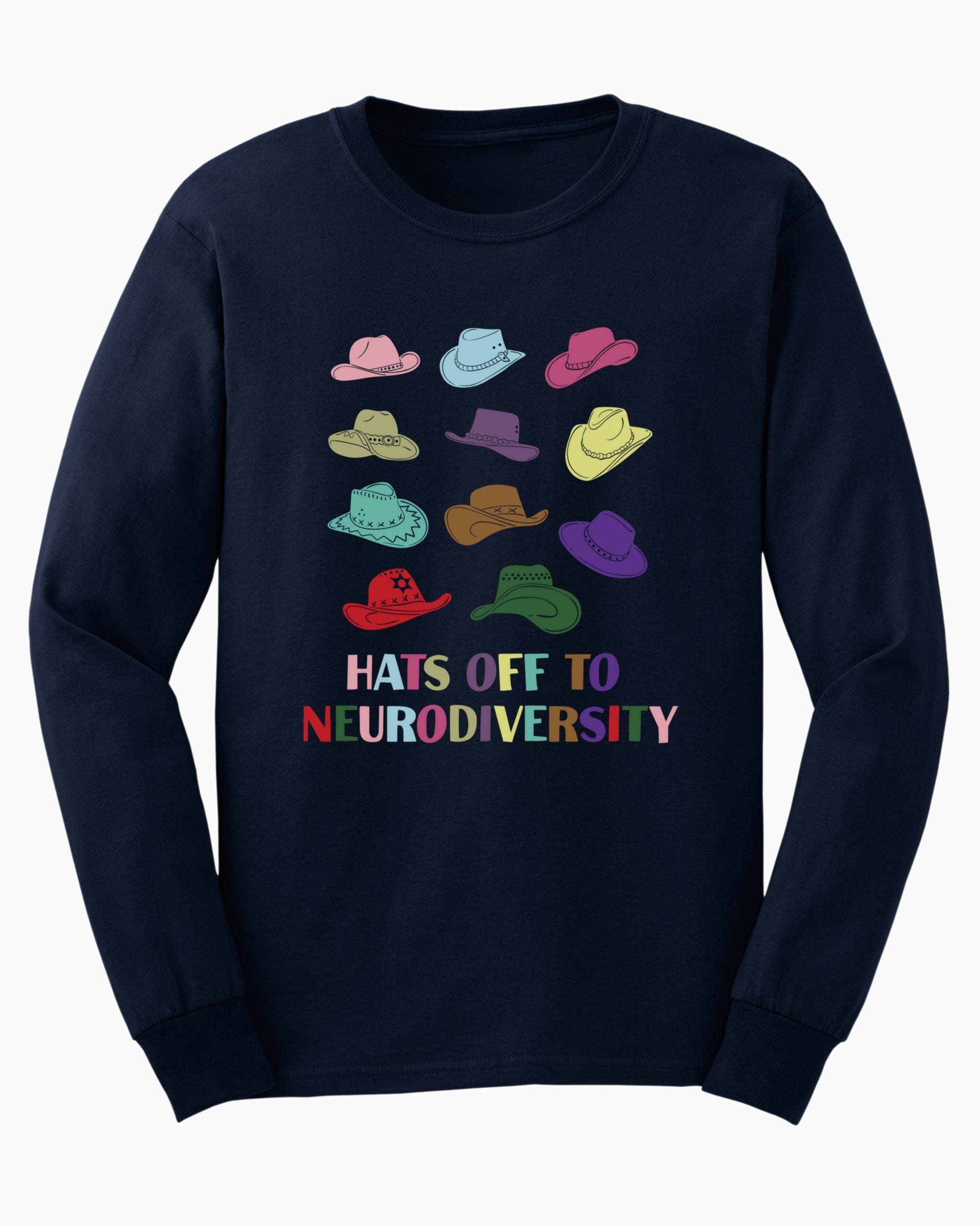 Hats off to Neurodiversity Long Sleeve T-Shirt-Navy-Neurodiversity, ADHD & Autism Awareness & Acceptance Long-sleeve by Daily Bloom