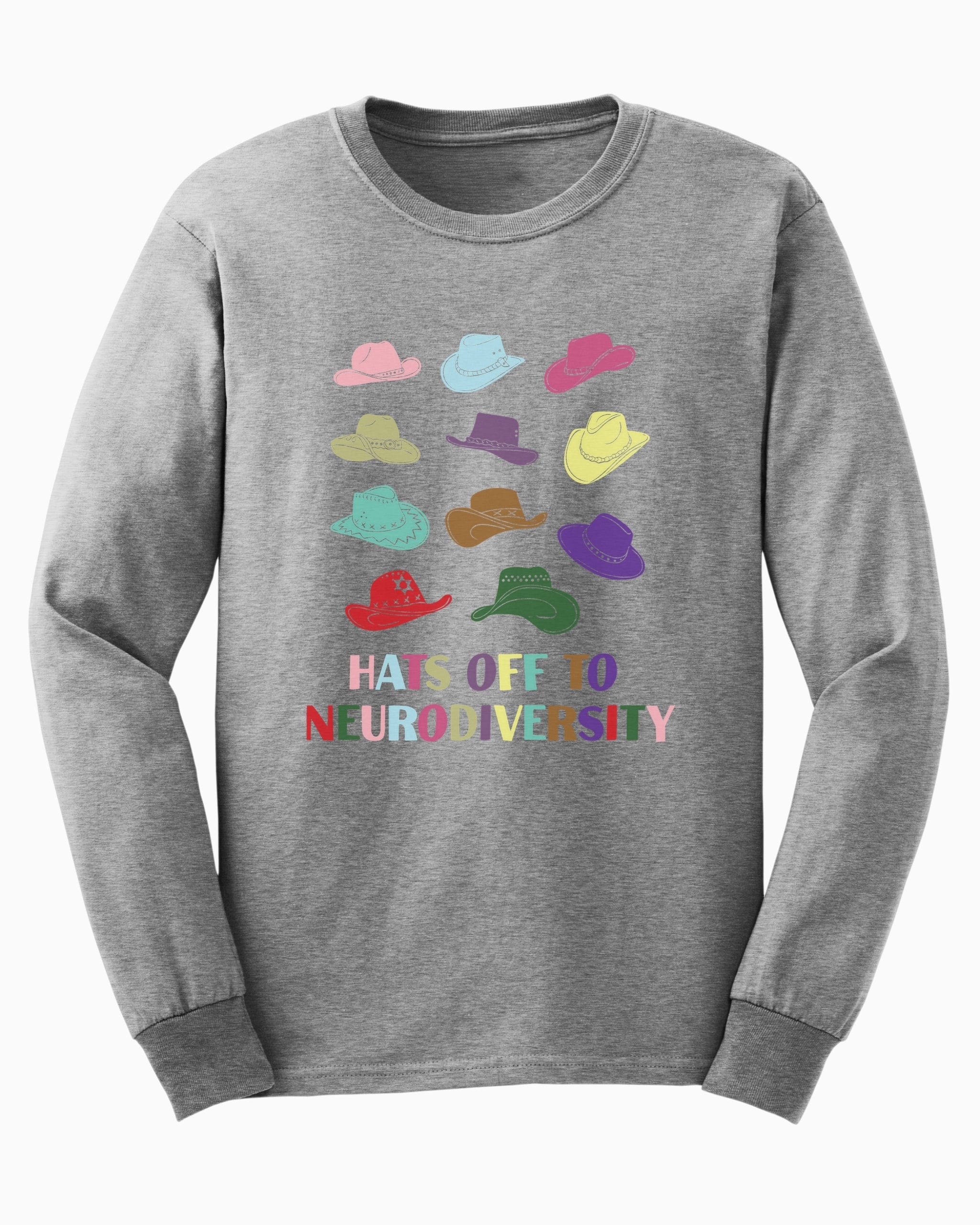 Hats off to Neurodiversity Long Sleeve T-Shirt-Sport Grey-Neurodiversity, ADHD & Autism Awareness & Acceptance Long-sleeve by Daily Bloom