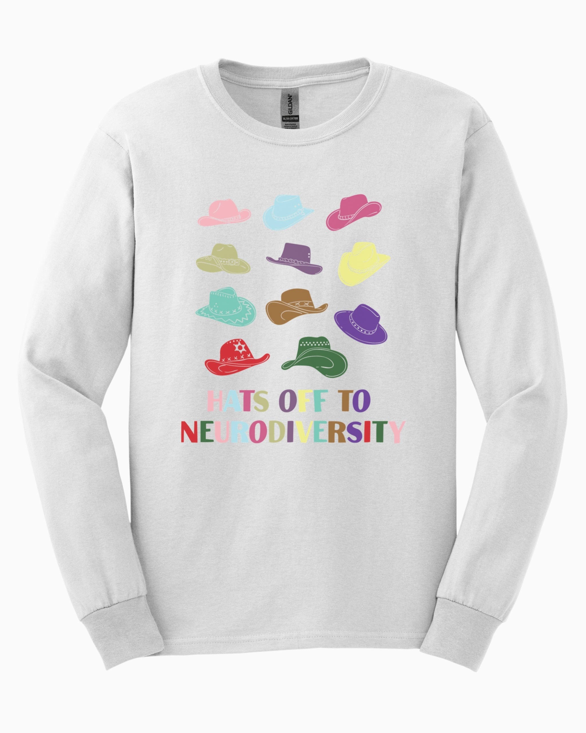 Hats off to Neurodiversity Long Sleeve T-Shirt-White-Neurodiversity, ADHD & Autism Awareness & Acceptance Long-sleeve by Daily Bloom