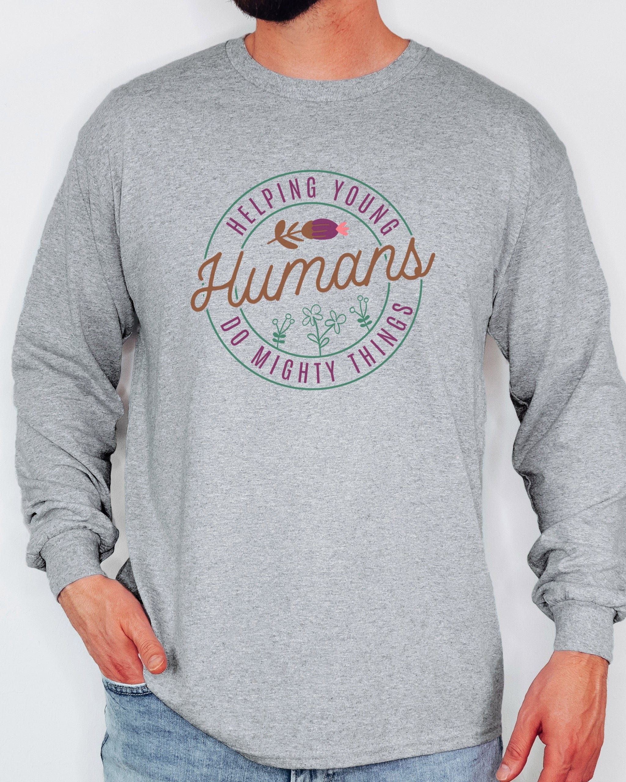 Helping Young Humans Do Mighty Things Long Sleeve T-Shirt-Neurodiversity, ADHD & Autism Awareness & Acceptance Long-sleeve by Daily Bloom
