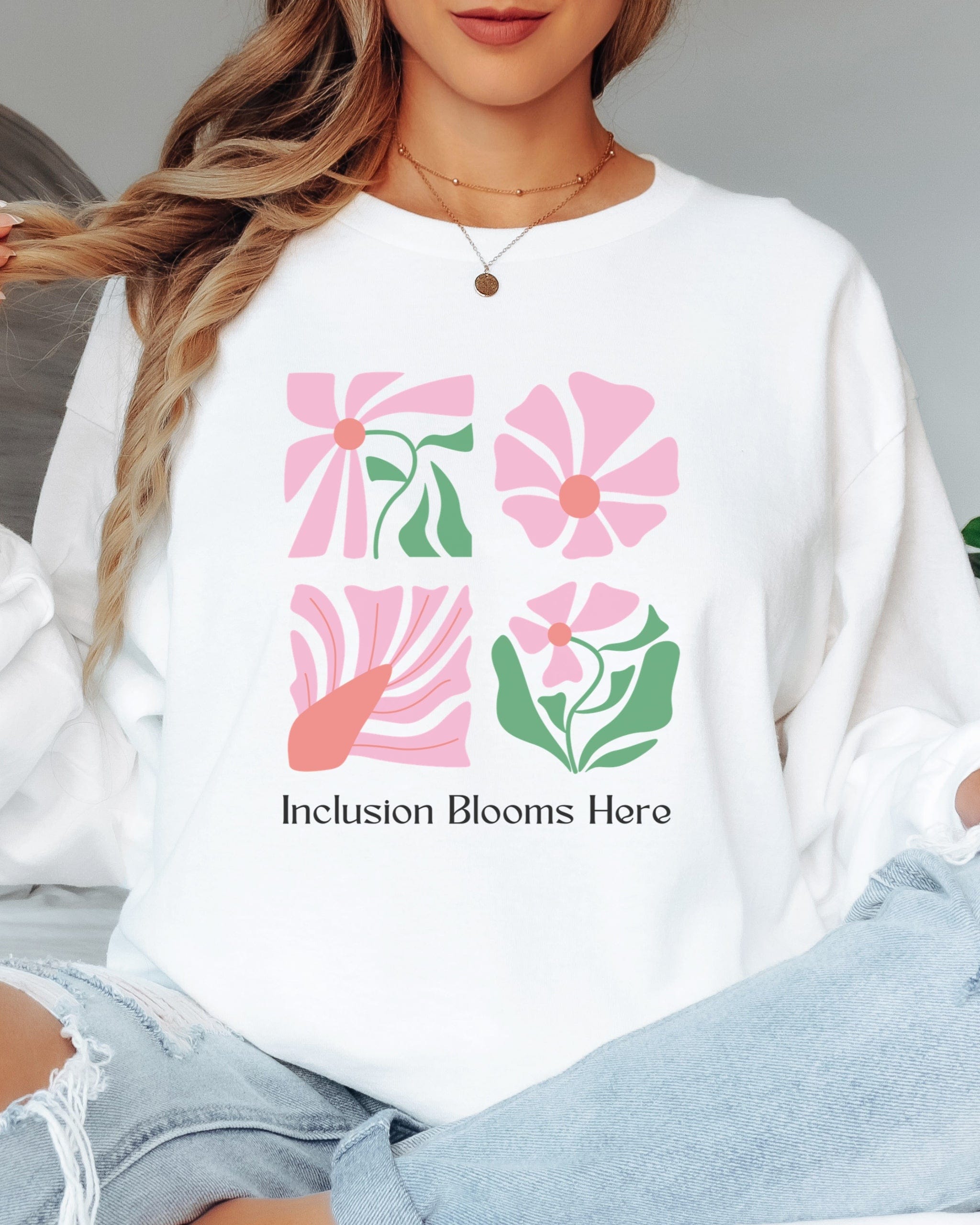 Inclusion Blooms Here Long Sleeve T-Shirt-Neurodiversity, ADHD & Autism Awareness & Acceptance Long-sleeve by Daily Bloom