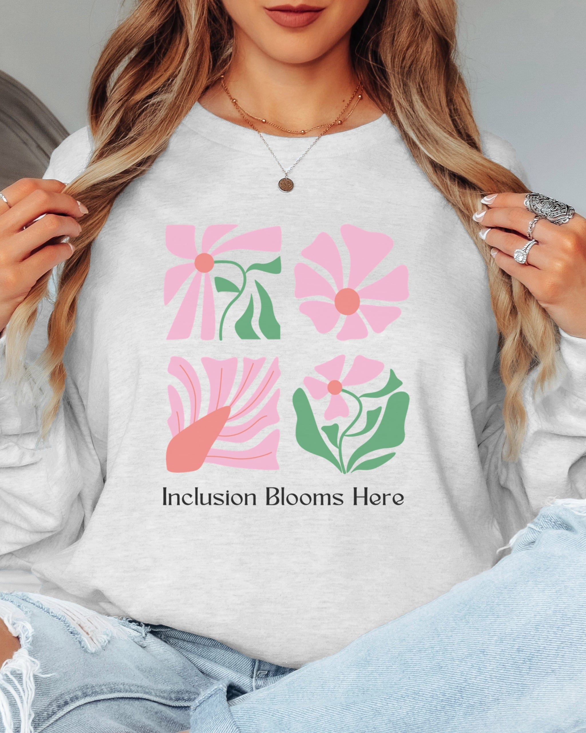 Inclusion Blooms Here Long Sleeve T-Shirt-Neurodiversity, ADHD & Autism Awareness & Acceptance Long-sleeve by Daily Bloom