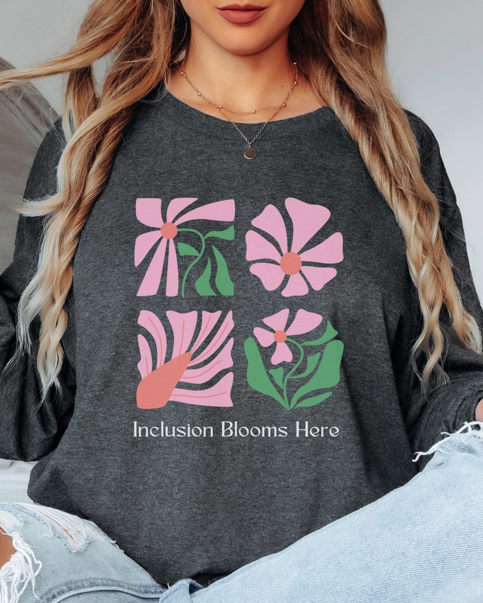 Inclusion Blooms Here Long Sleeve T-Shirt-Neurodiversity, ADHD & Autism Awareness & Acceptance Long-sleeve by Daily Bloom
