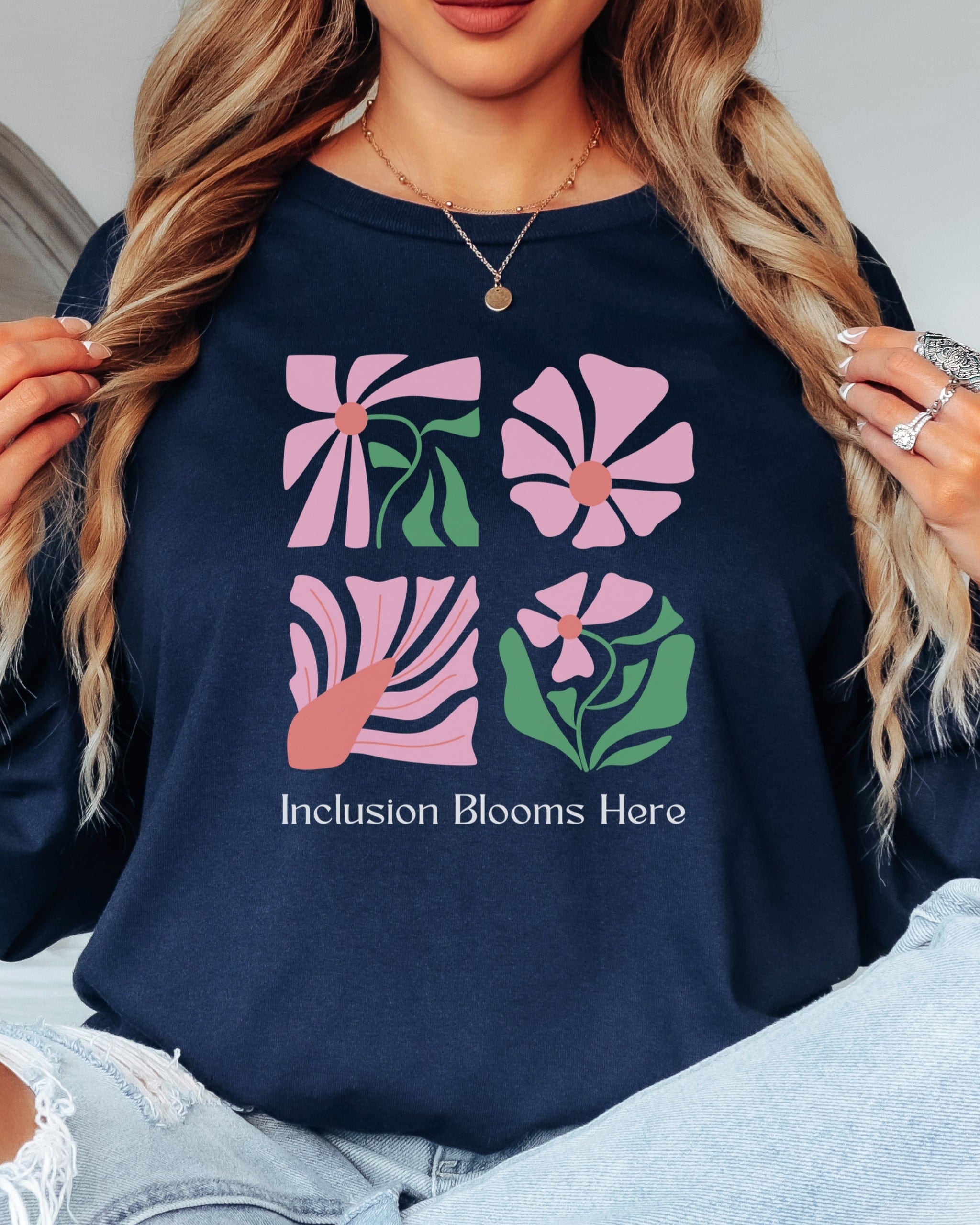 Inclusion Blooms Here Long Sleeve T-Shirt-Neurodiversity, ADHD & Autism Awareness & Acceptance Long-sleeve by Daily Bloom