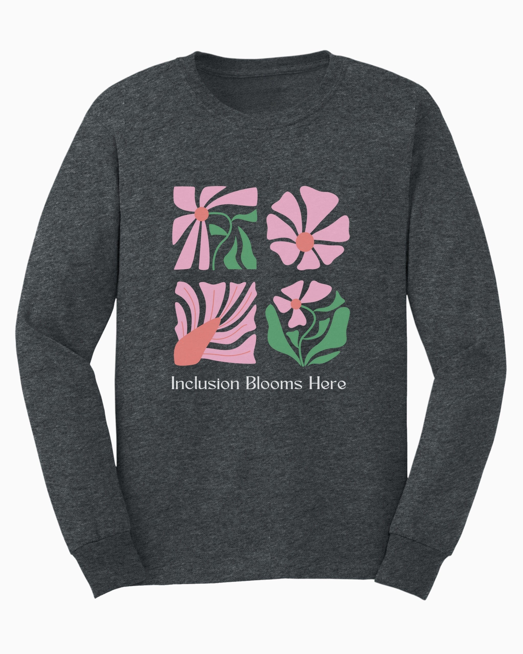 Inclusion Blooms Here Long Sleeve T-Shirt-Dark Heather-Neurodiversity, ADHD & Autism Awareness & Acceptance Long-sleeve by Daily Bloom