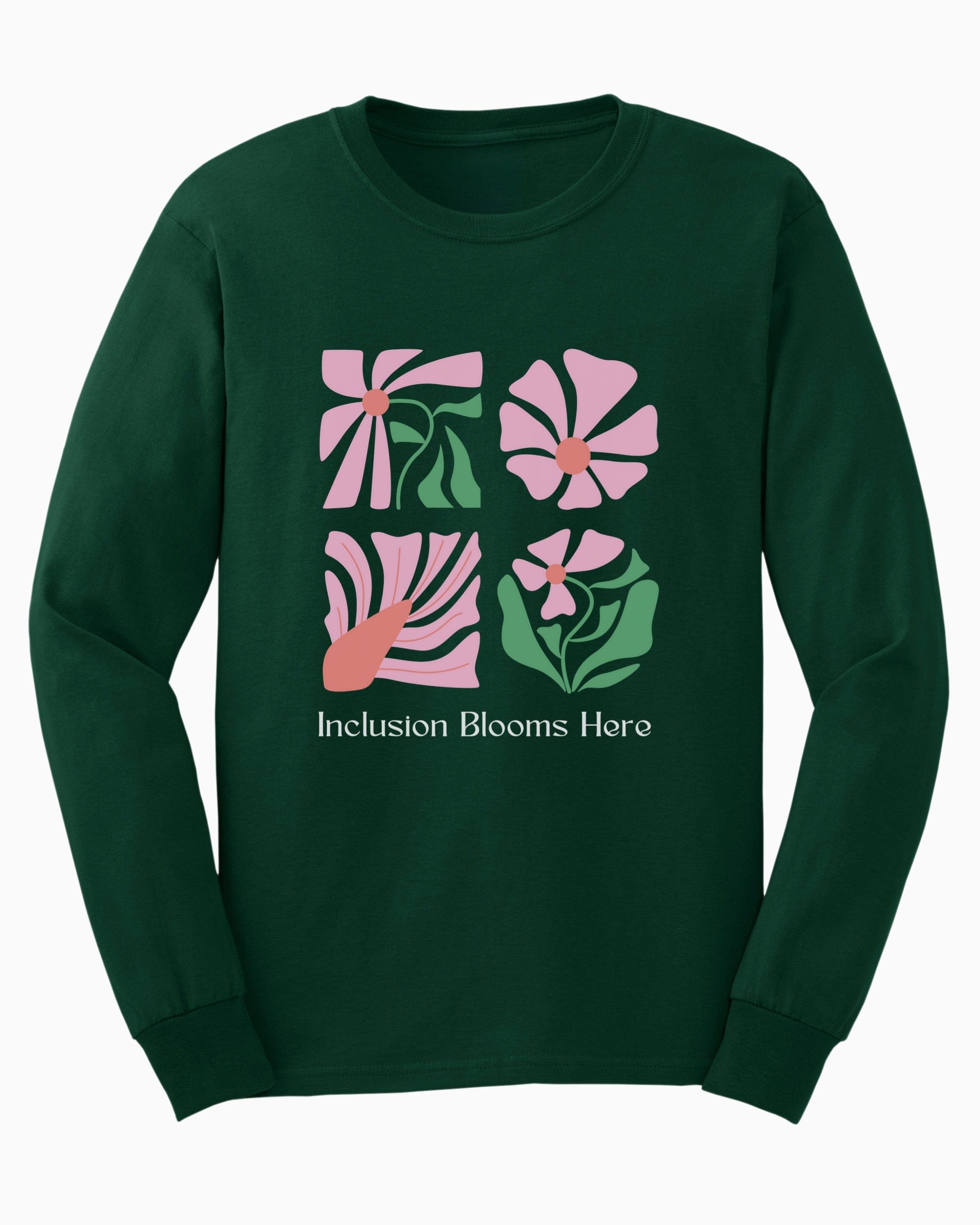 Inclusion Blooms Here Long Sleeve T-Shirt-Forest Green-Neurodiversity, ADHD & Autism Awareness & Acceptance Long-sleeve by Daily Bloom