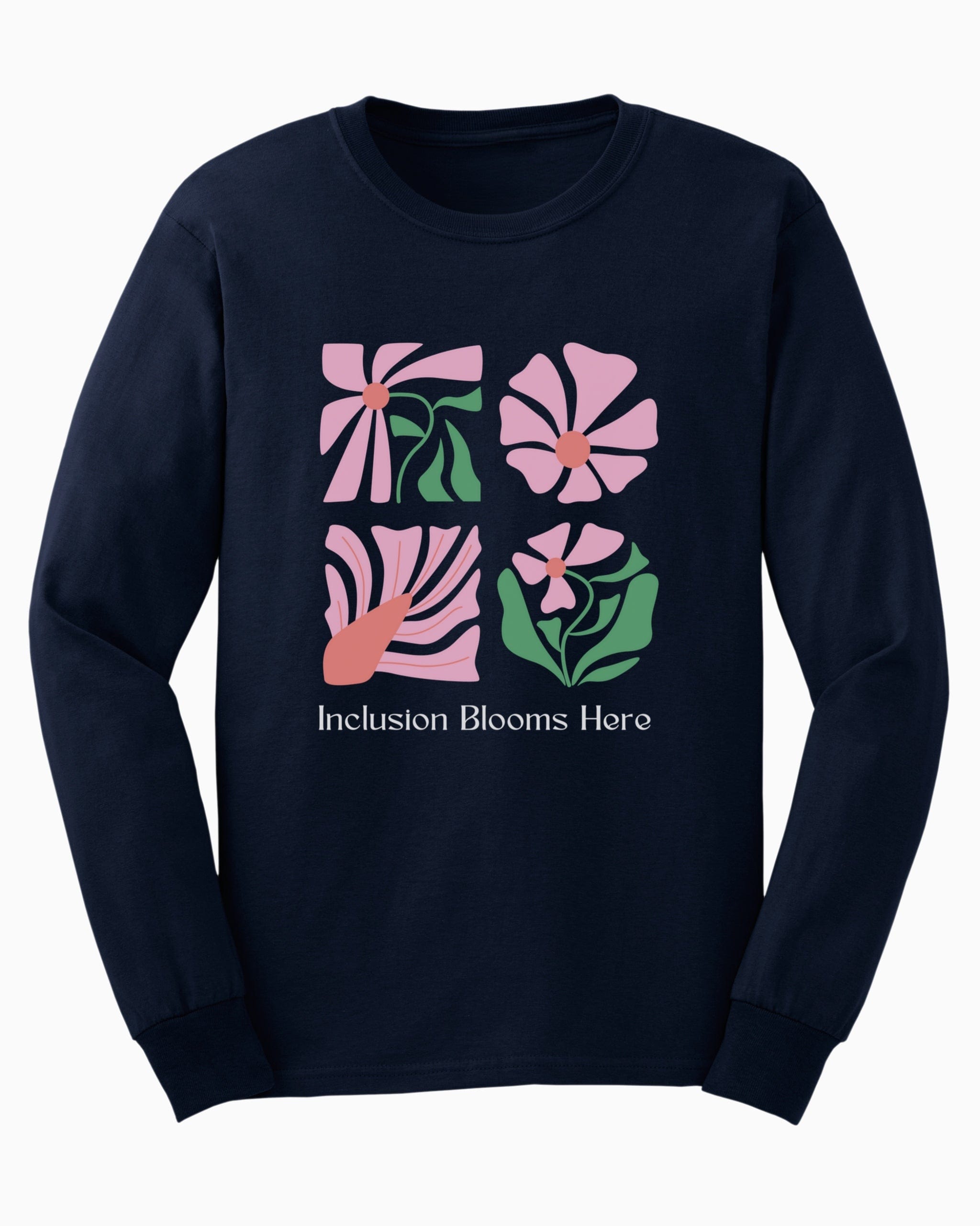 Inclusion Blooms Here Long Sleeve T-Shirt-Navy-Neurodiversity, ADHD & Autism Awareness & Acceptance Long-sleeve by Daily Bloom