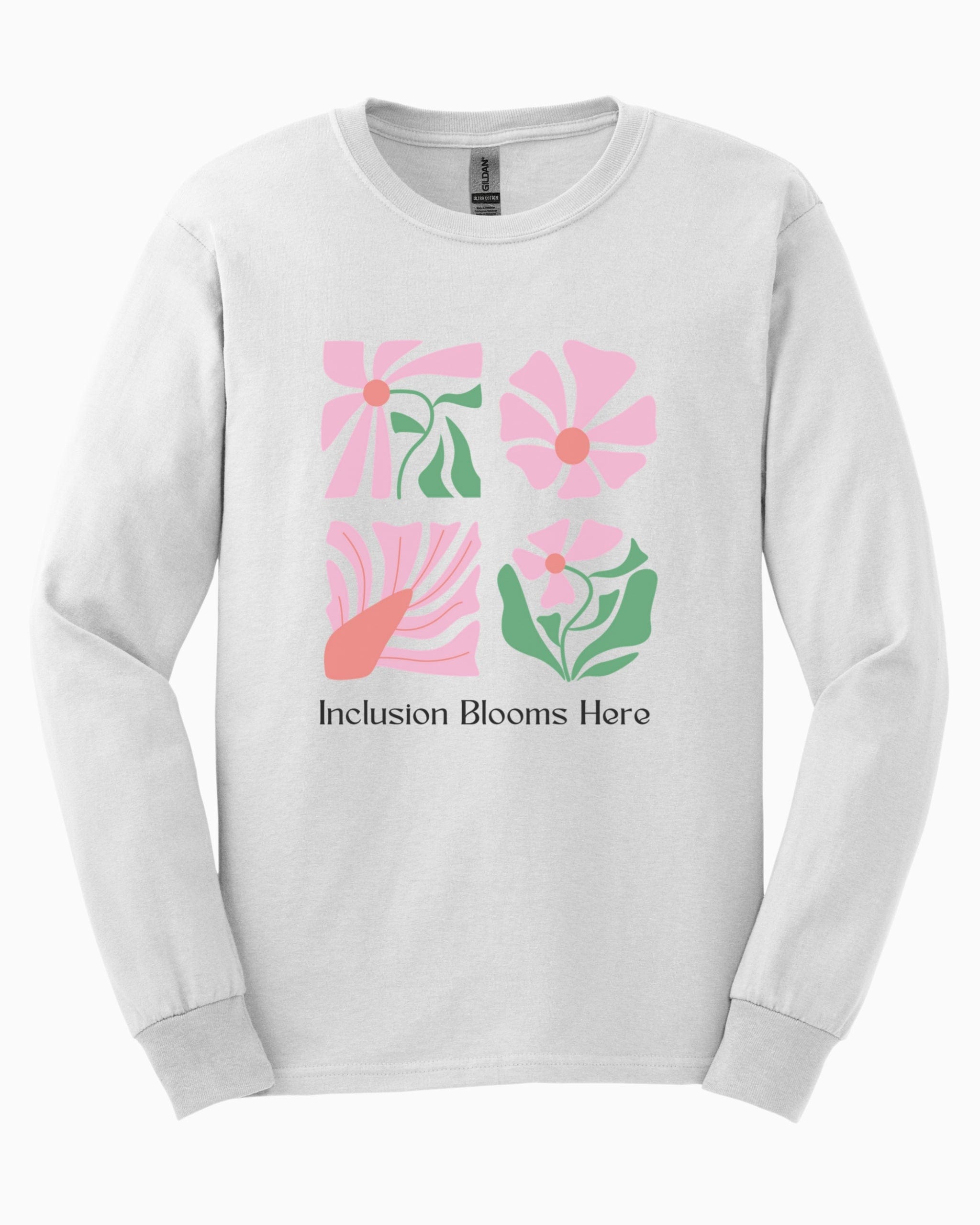 Inclusion Blooms Here Long Sleeve T-Shirt-White-Neurodiversity, ADHD & Autism Awareness & Acceptance Long-sleeve by Daily Bloom