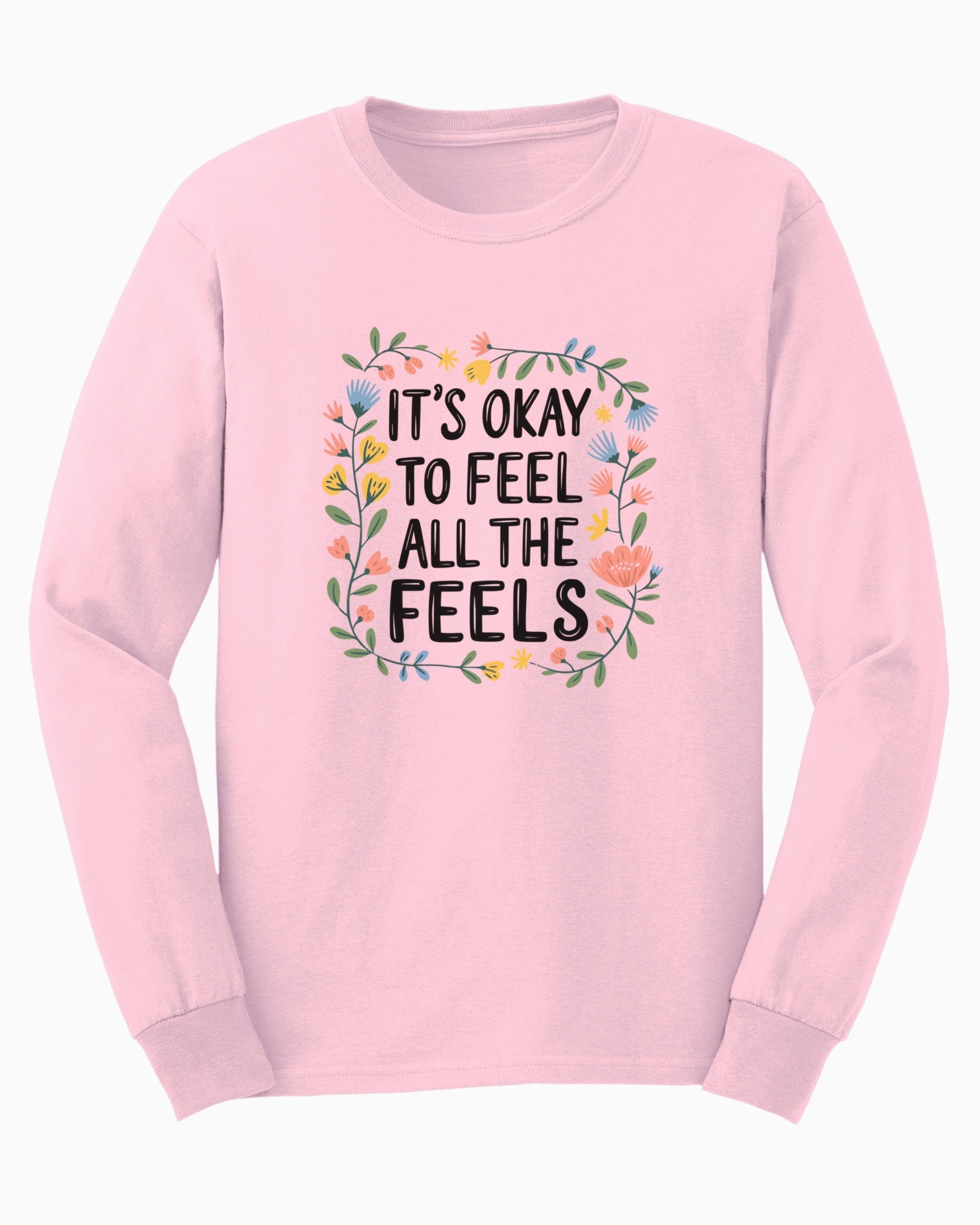 It's Okay To Feel All The Feels Long Sleeve T-Shirt-Light Pink-Neurodiversity, ADHD & Autism Awareness & Acceptance Long-sleeve by Daily Bloom