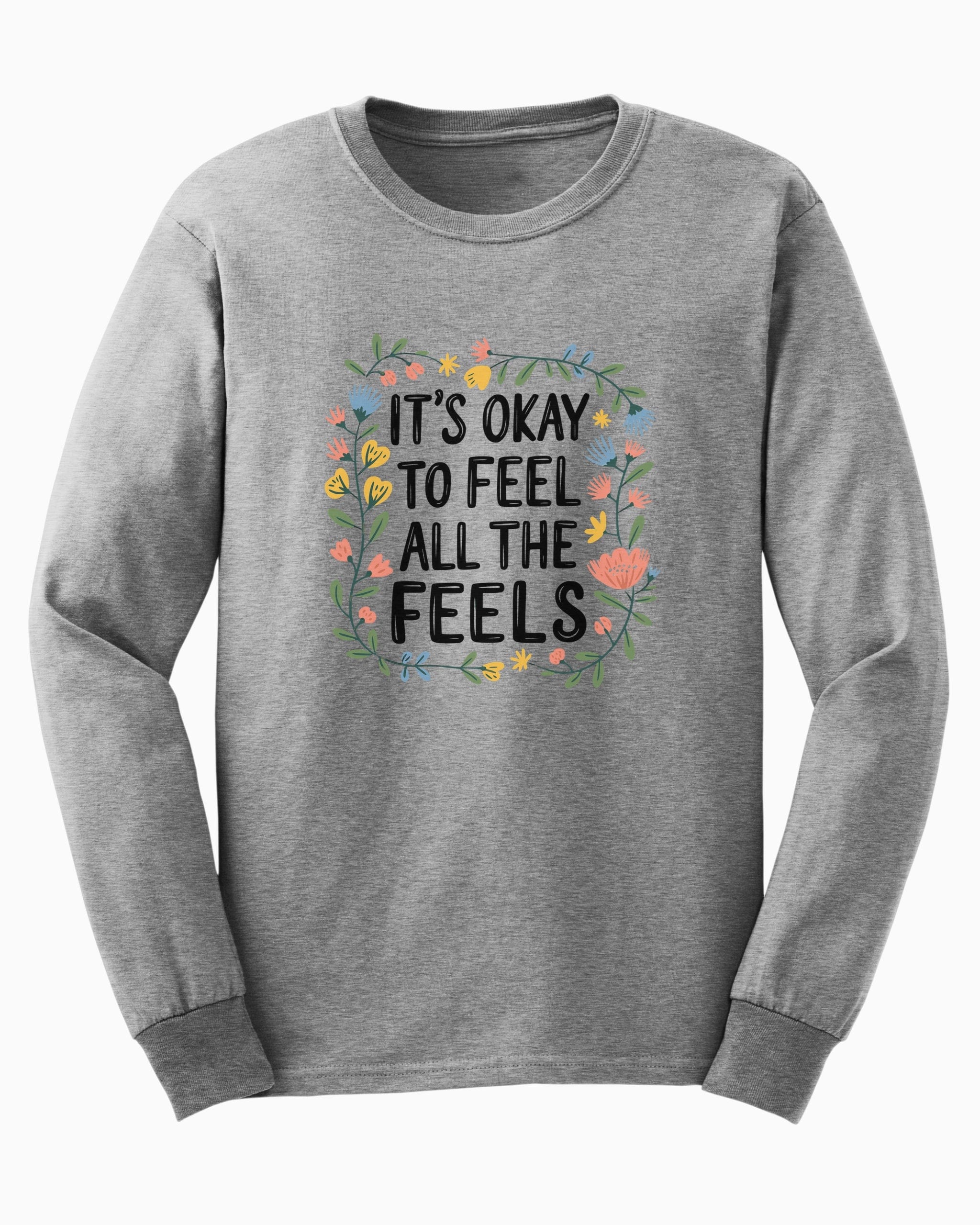 It's Okay To Feel All The Feels Long Sleeve T-Shirt-Sport Grey-Neurodiversity, ADHD & Autism Awareness & Acceptance Long-sleeve by Daily Bloom