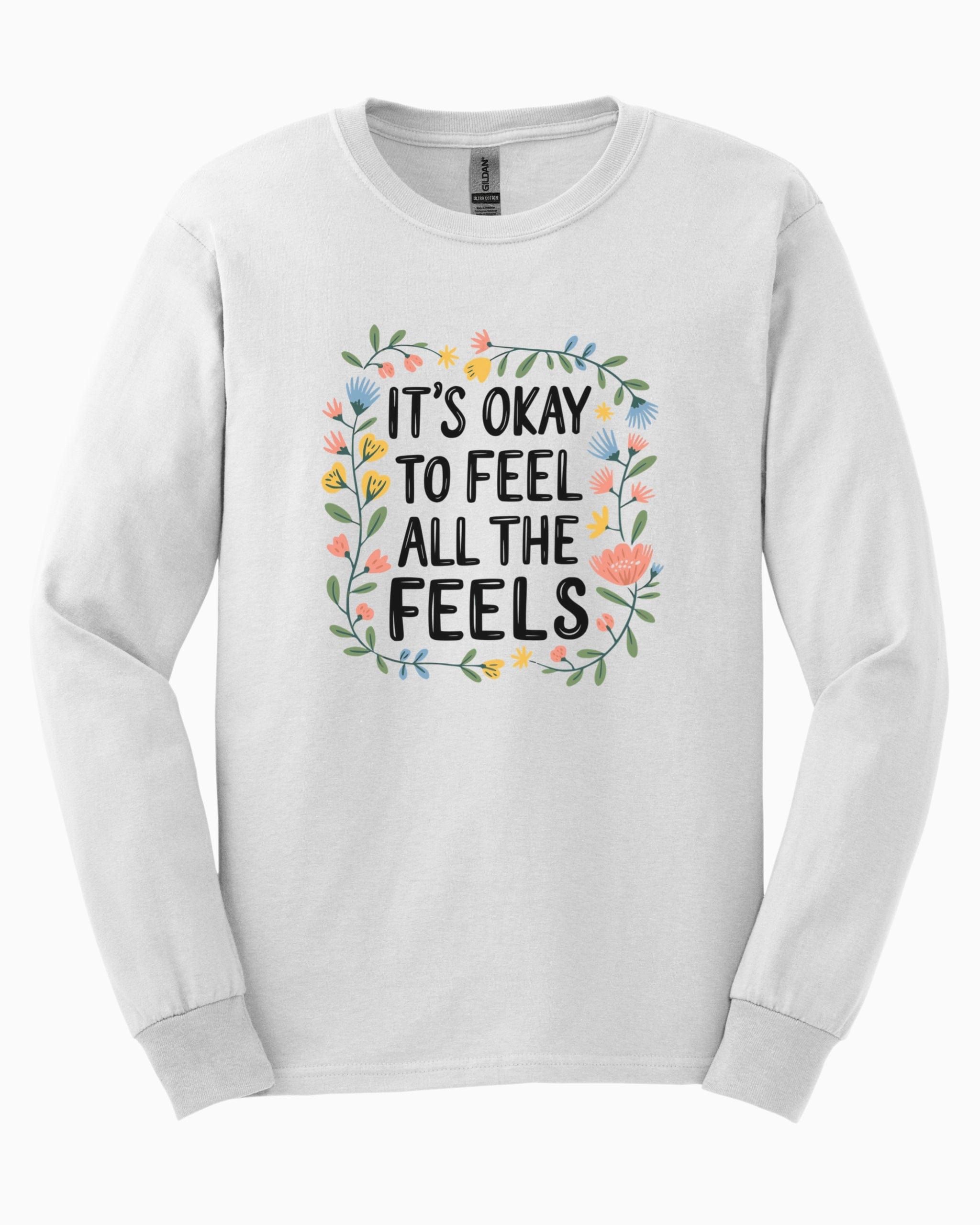 It's Okay To Feel All The Feels Long Sleeve T-Shirt-White-Neurodiversity, ADHD & Autism Awareness & Acceptance Long-sleeve by Daily Bloom
