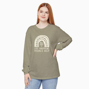 Autism Long - sleeve - Life Happens Visuals Help Comfort Colors Long Sleeve T-Shirt - Daily Bloom