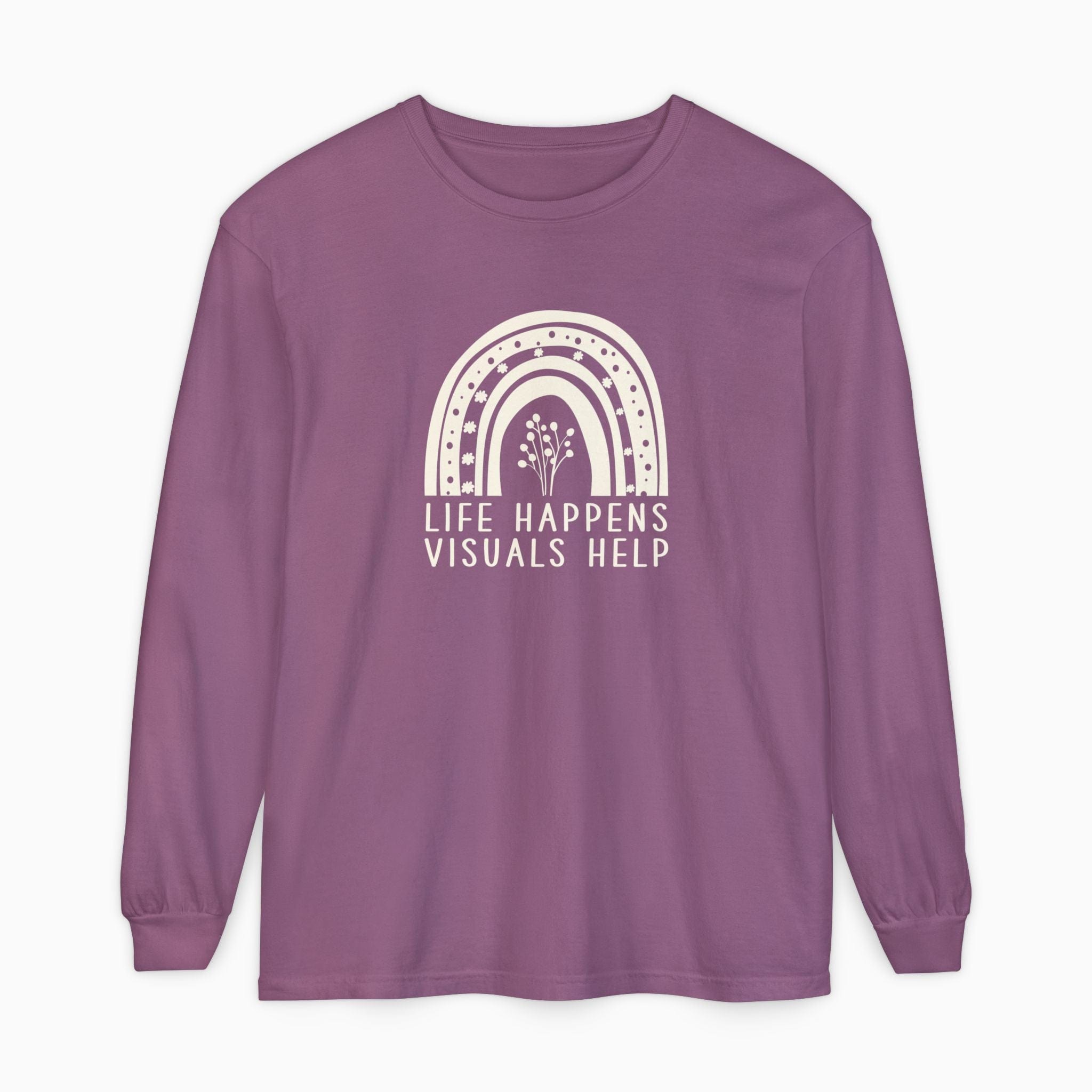 Autism Long-sleeve By Daily Bloom Life Happens Visuals Help Comfort Colors Long Sleeve T-Shirt Berry / S