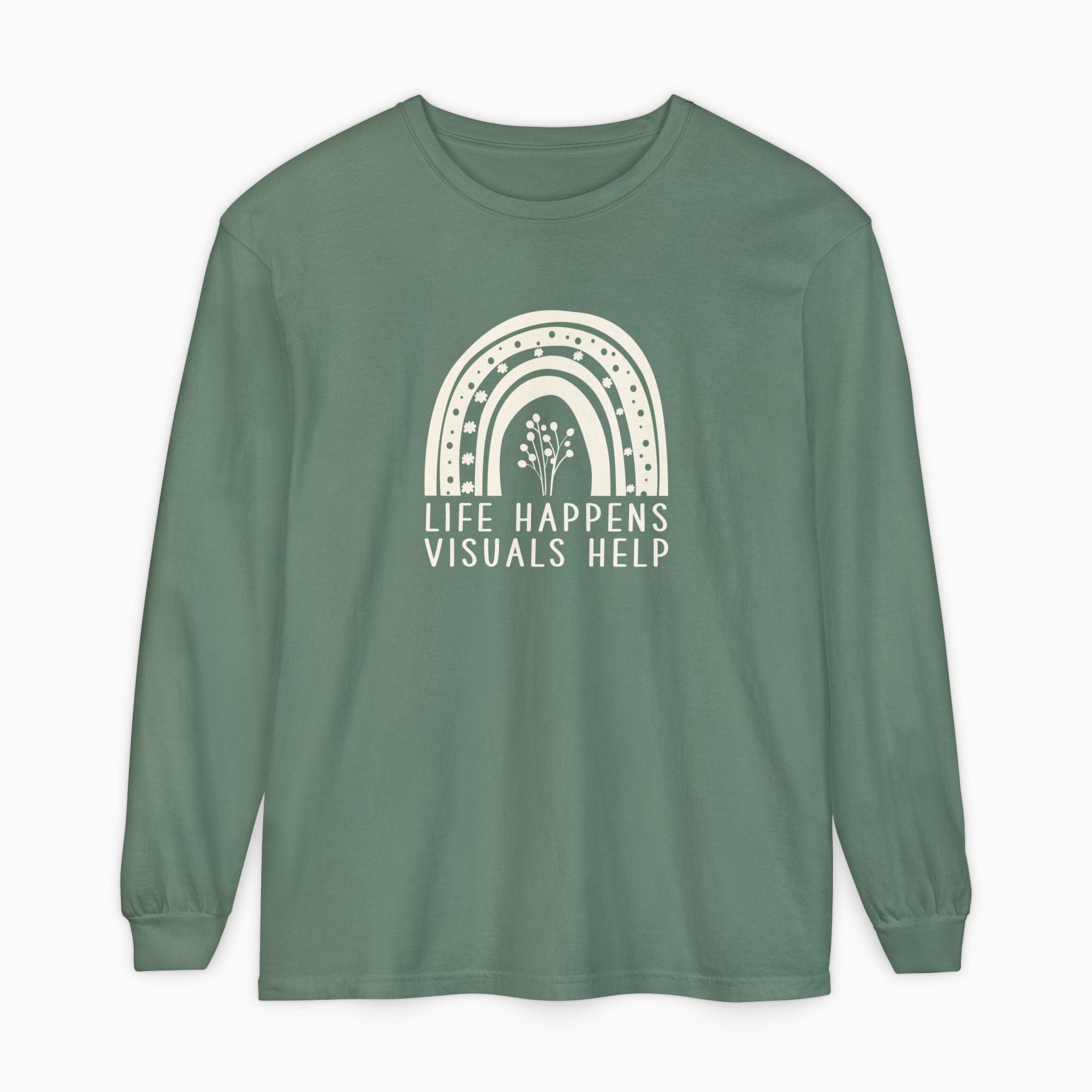 Autism Long-sleeve By Daily Bloom Life Happens Visuals Help Comfort Colors Long Sleeve T-Shirt Light Green / S
