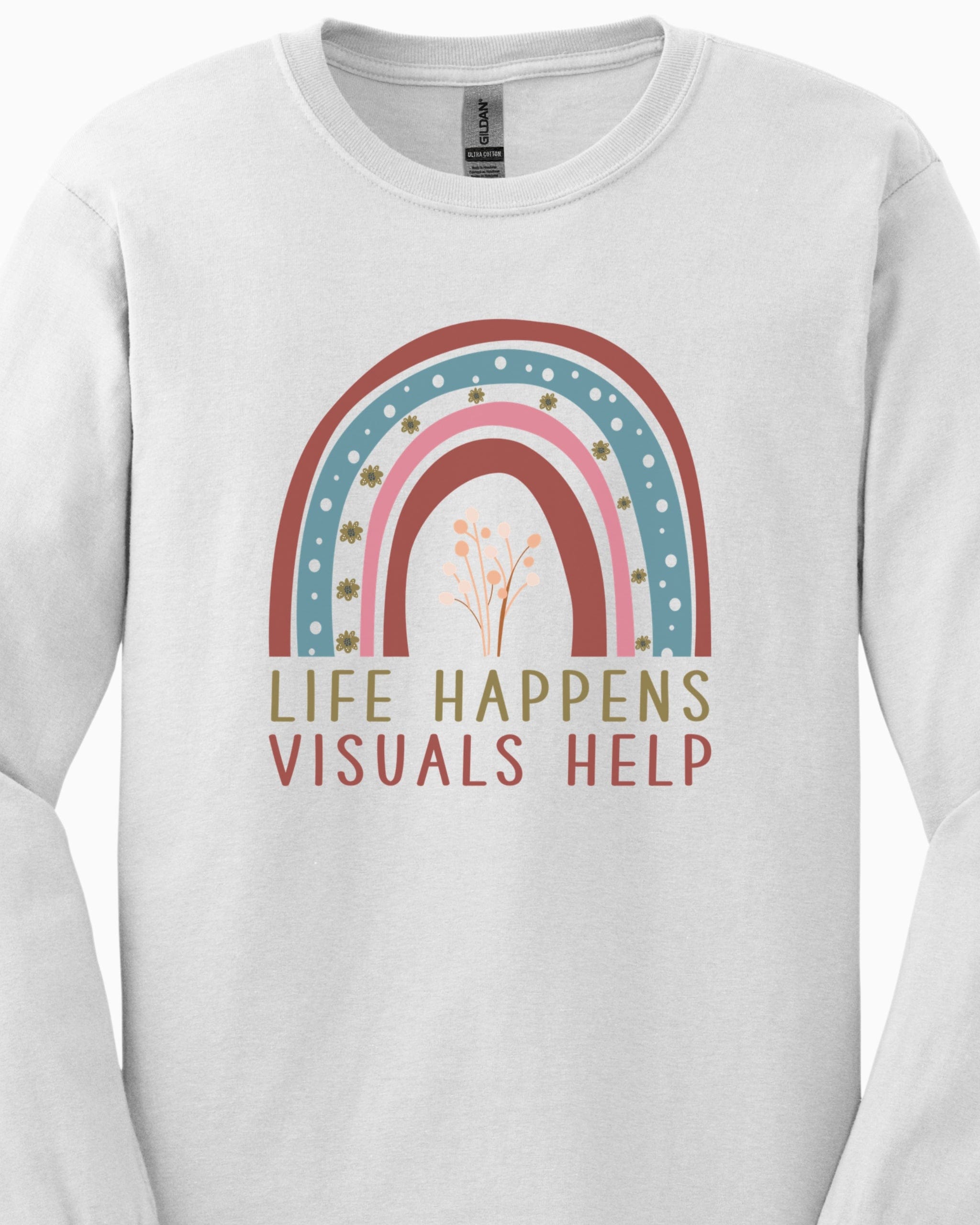Life Happens Visuals Help Long Sleeve T-Shirt-Neurodiversity, ADHD & Autism Awareness & Acceptance Long-sleeve by Daily Bloom