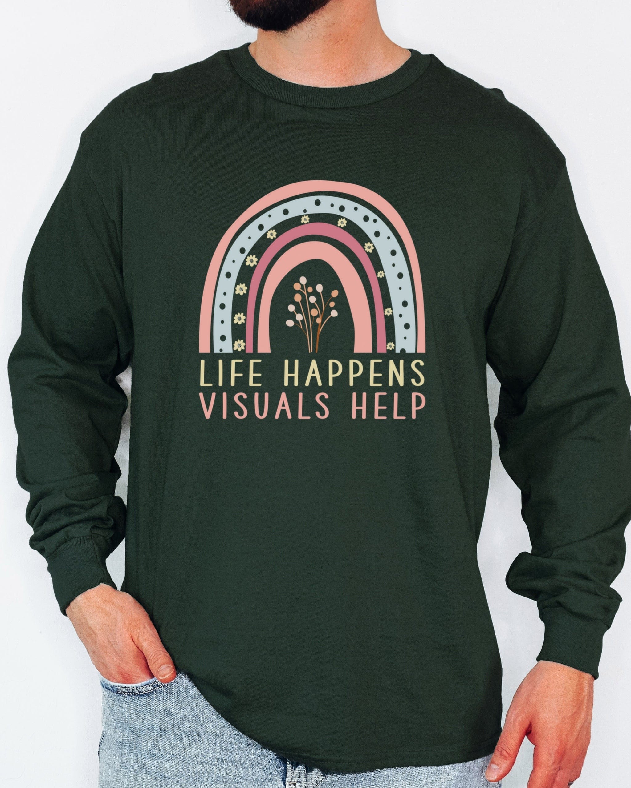 Life Happens Visuals Help Long Sleeve T-Shirt-Neurodiversity, ADHD & Autism Awareness & Acceptance Long-sleeve by Daily Bloom
