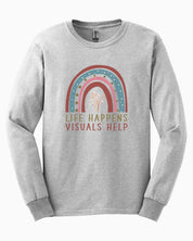 Life Happens Visuals Help Long Sleeve T-Shirt-Ash-Neurodiversity, ADHD & Autism Awareness & Acceptance Long-sleeve by Daily Bloom