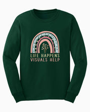 Life Happens Visuals Help Long Sleeve T-Shirt-Forest Green-Neurodiversity, ADHD & Autism Awareness & Acceptance Long-sleeve by Daily Bloom
