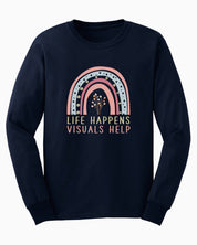 Life Happens Visuals Help Long Sleeve T-Shirt-Navy-Neurodiversity, ADHD & Autism Awareness & Acceptance Long-sleeve by Daily Bloom