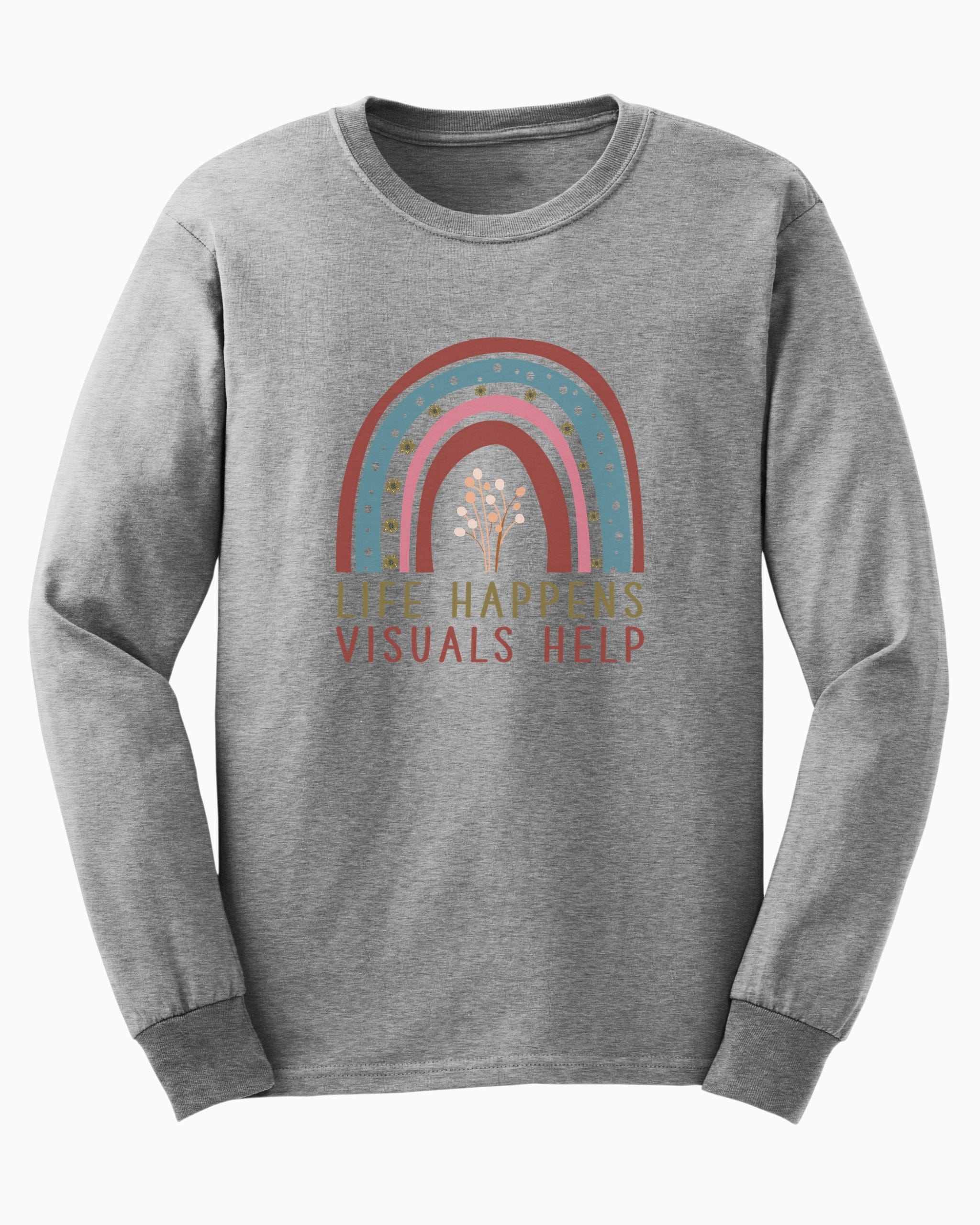 Life Happens Visuals Help Long Sleeve T-Shirt-Sport Grey-Neurodiversity, ADHD & Autism Awareness & Acceptance Long-sleeve by Daily Bloom