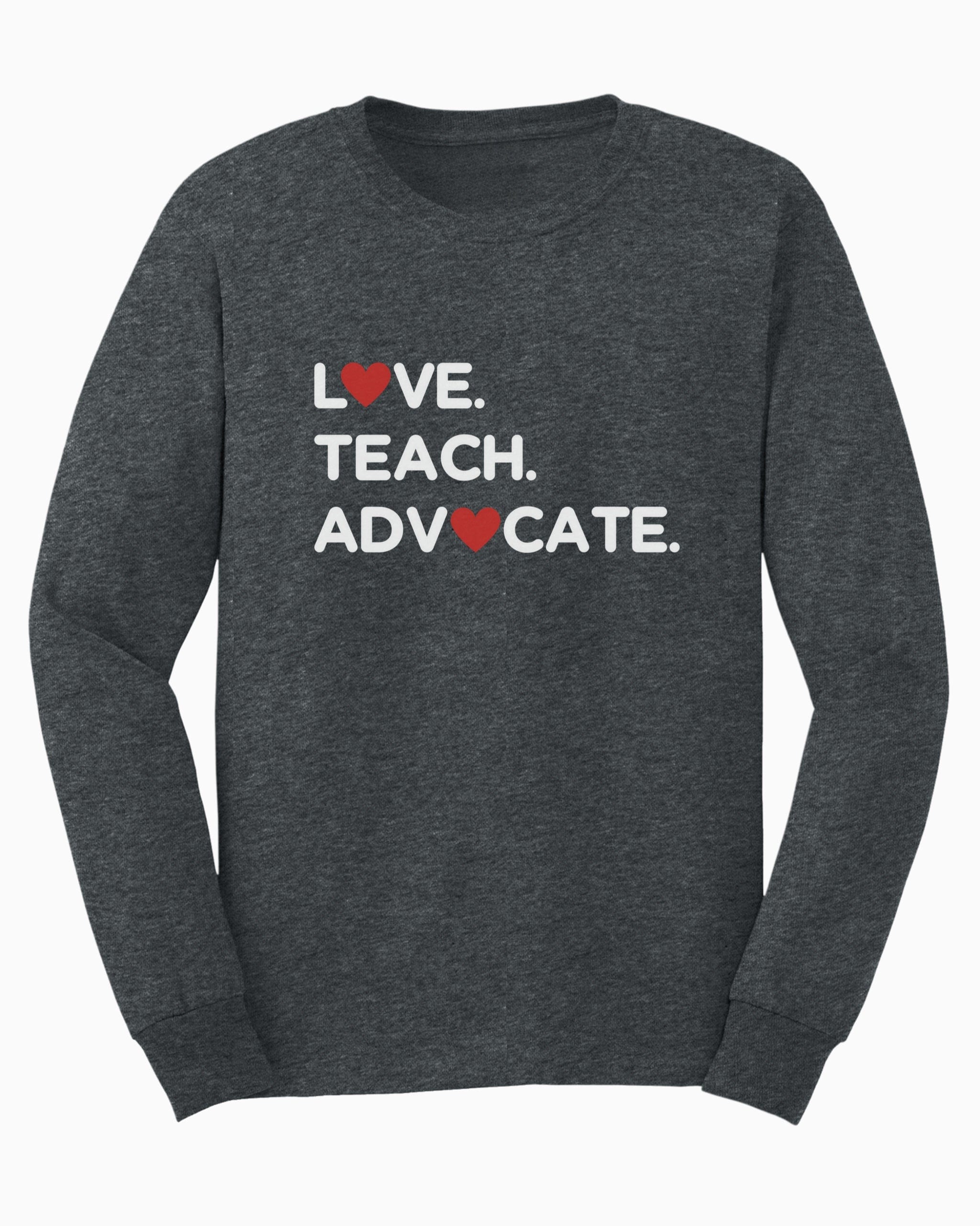 Love Teach Advocate - Love Hearts Long Sleeve T-Shirt-Dark Heather-Neurodiversity, ADHD & Autism Awareness & Acceptance Long-sleeve by Daily Bloom