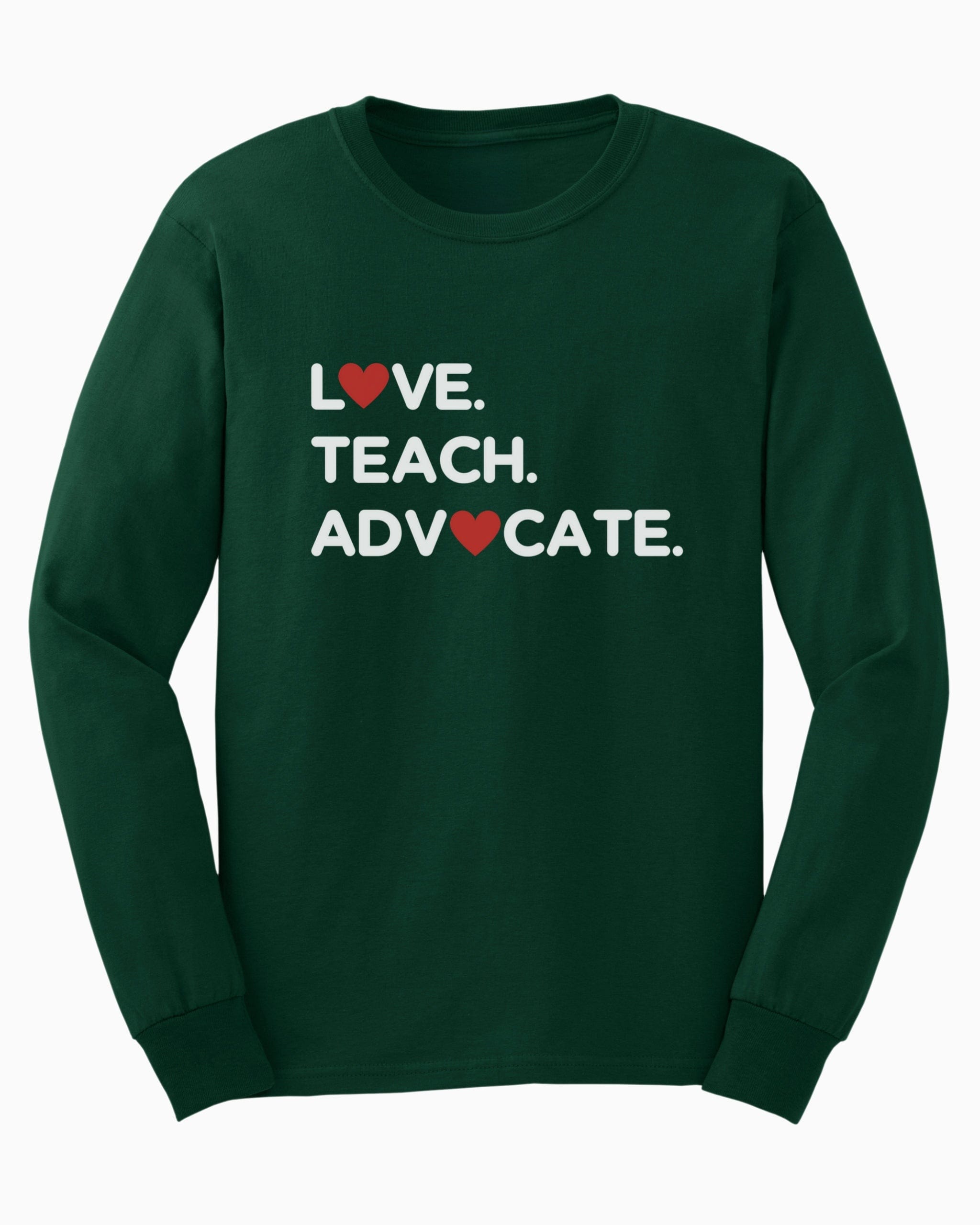 Love Teach Advocate - Love Hearts Long Sleeve T-Shirt-Forest Green-Neurodiversity, ADHD & Autism Awareness & Acceptance Long-sleeve by Daily Bloom
