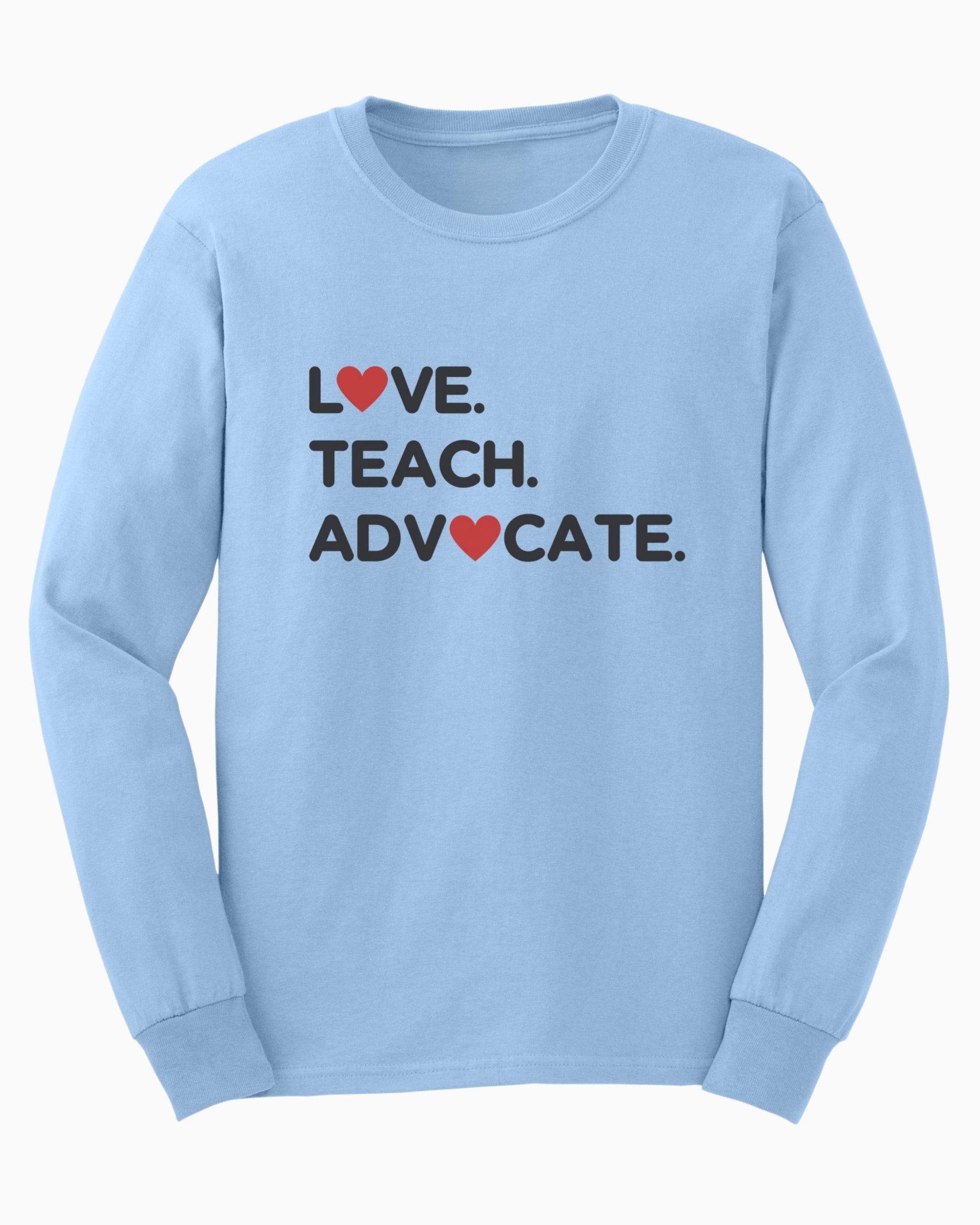 Love Teach Advocate - Love Hearts Long Sleeve T-Shirt-Light Blue-Neurodiversity, ADHD & Autism Awareness & Acceptance Long-sleeve by Daily Bloom