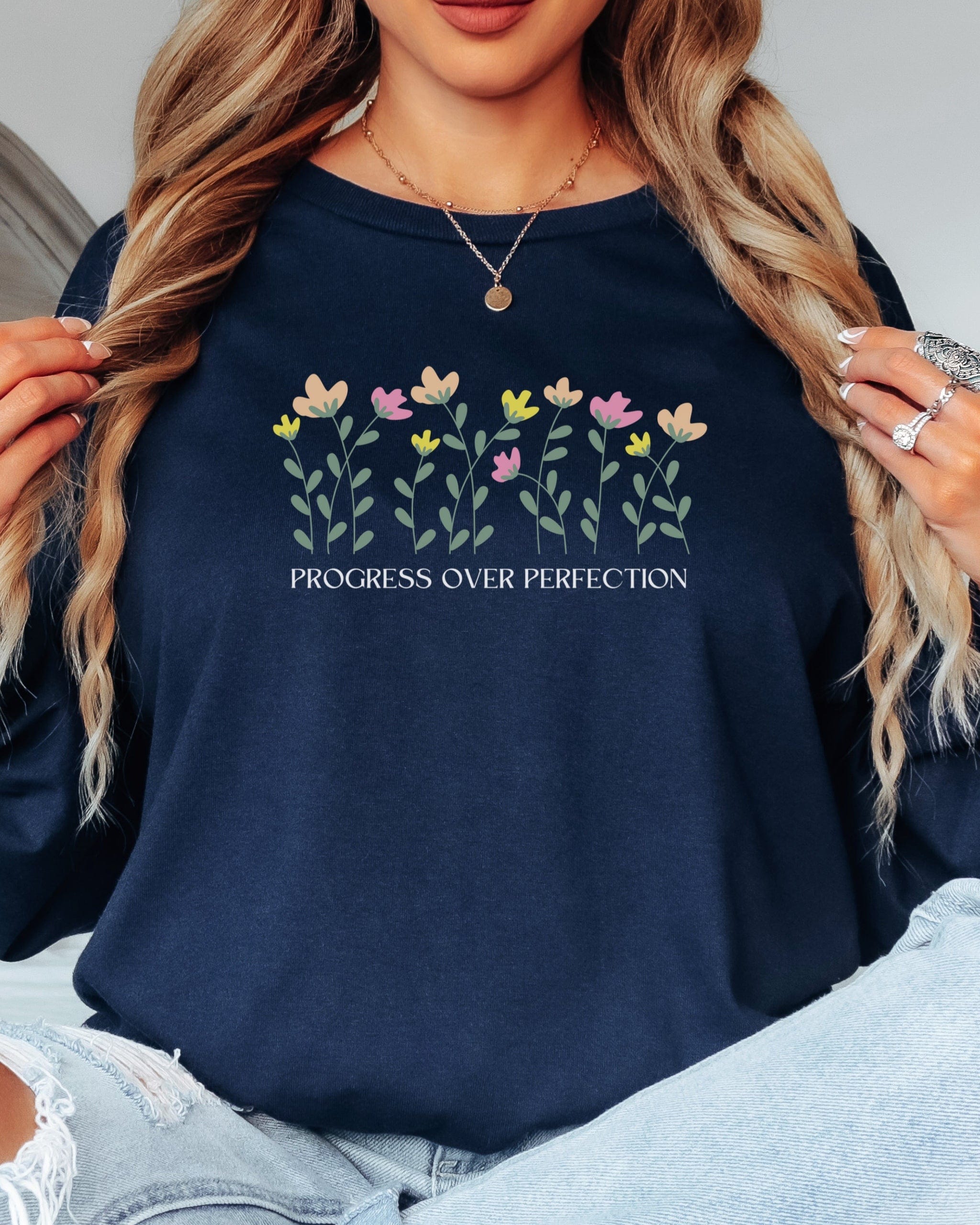 Progress Over Perfection Long Sleeve T-Shirt-Neurodiversity, ADHD & Autism Awareness & Acceptance Long-sleeve by Daily Bloom