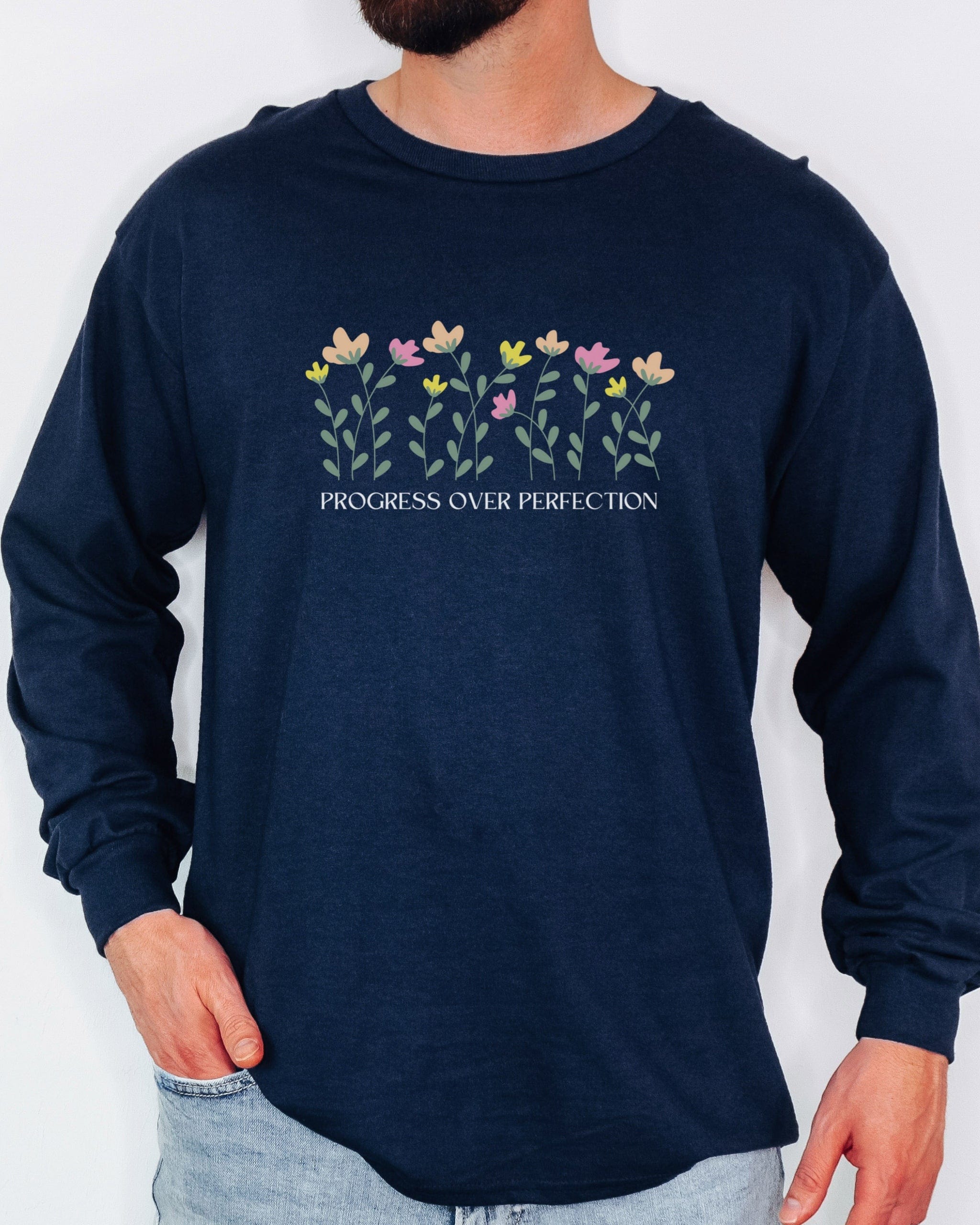 Progress Over Perfection Long Sleeve T-Shirt-Neurodiversity, ADHD & Autism Awareness & Acceptance Long-sleeve by Daily Bloom