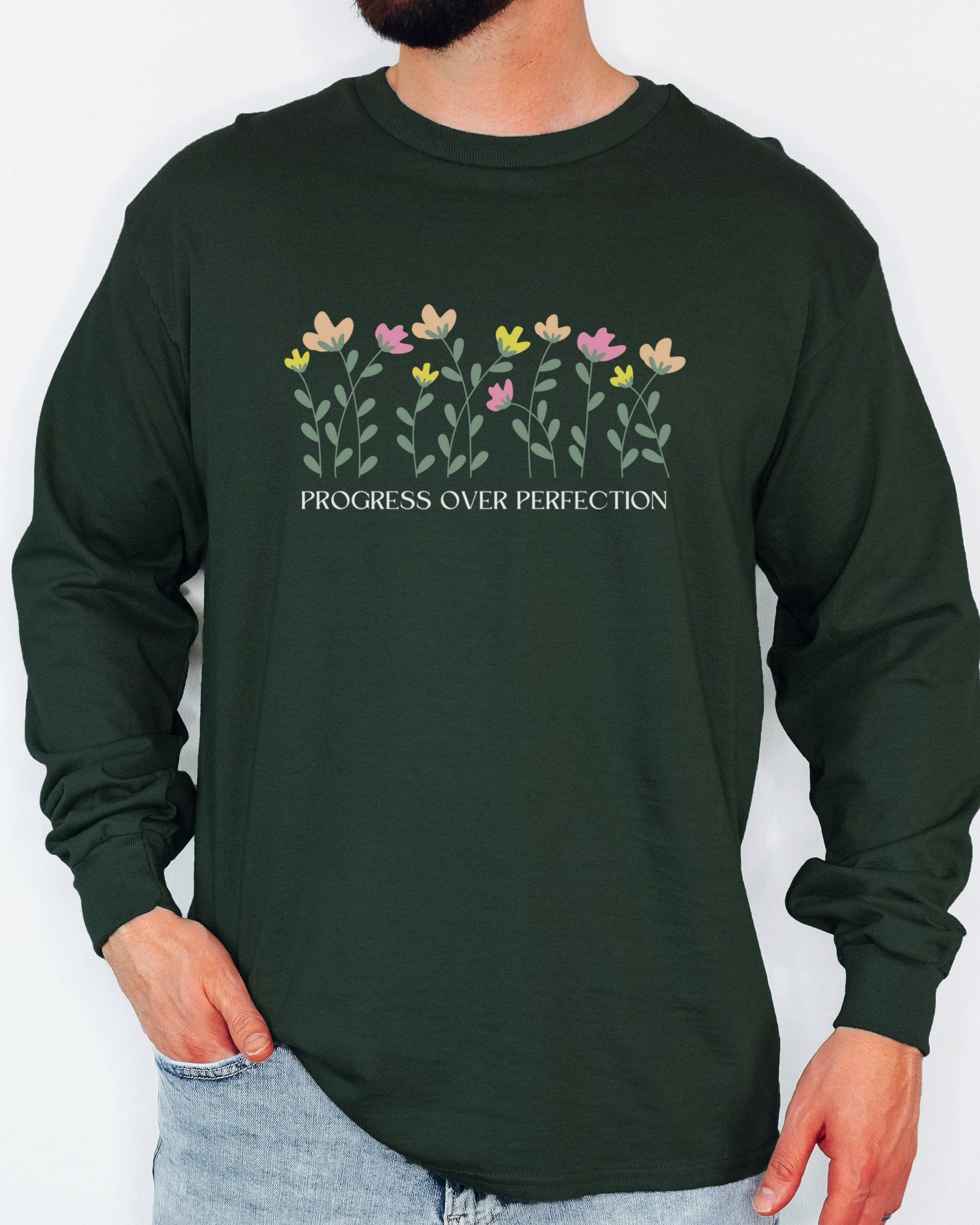 Progress Over Perfection Long Sleeve T-Shirt-Neurodiversity, ADHD & Autism Awareness & Acceptance Long-sleeve by Daily Bloom