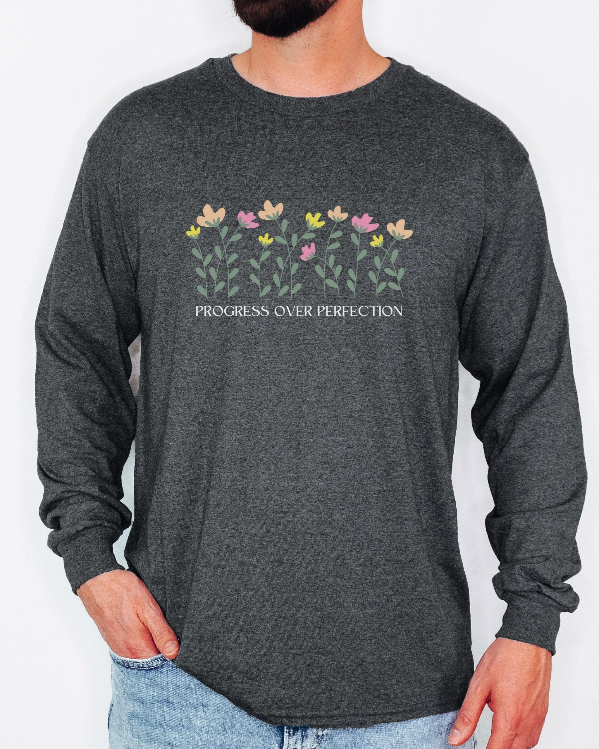 Progress Over Perfection Long Sleeve T-Shirt-Neurodiversity, ADHD & Autism Awareness & Acceptance Long-sleeve by Daily Bloom
