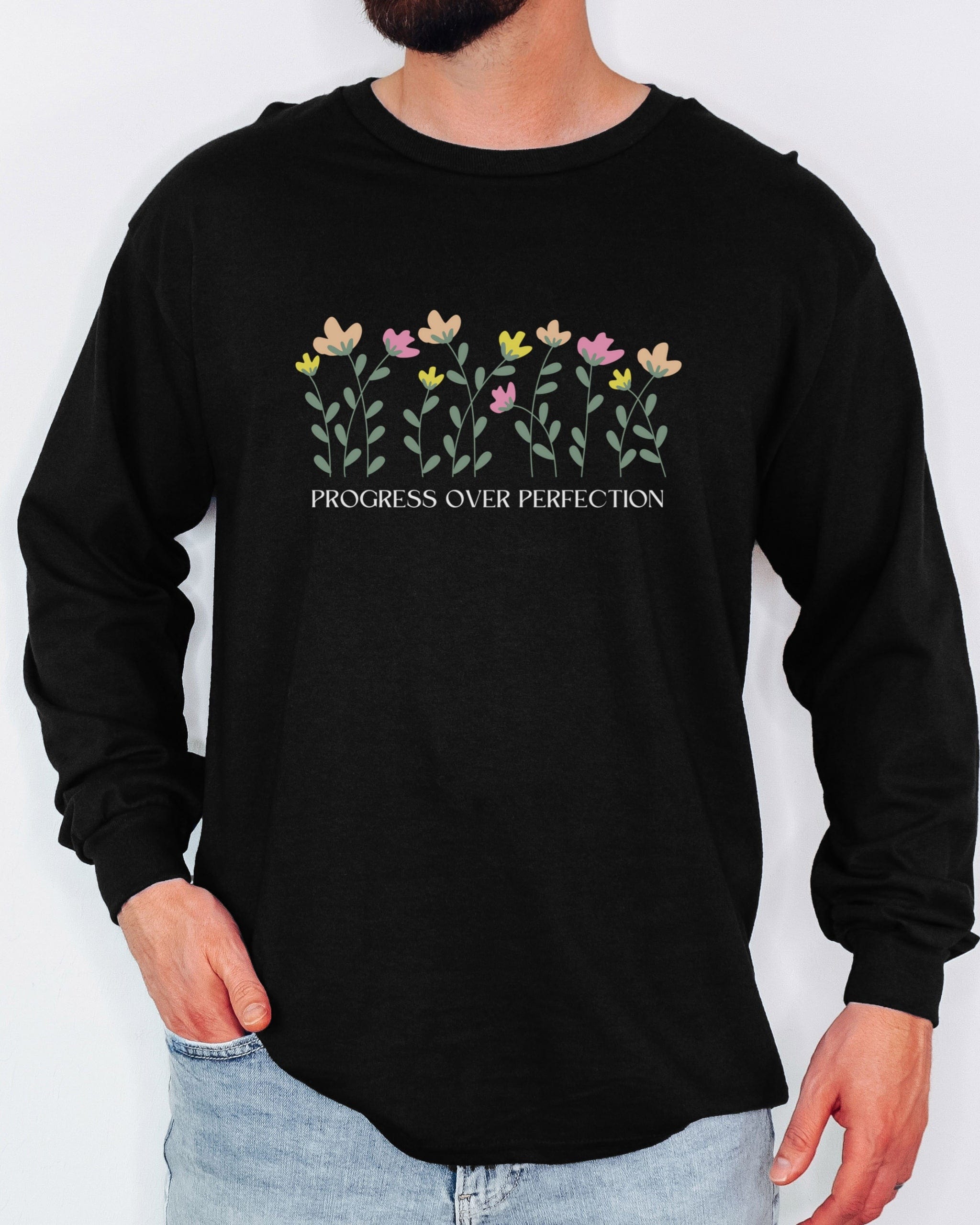 Progress Over Perfection Long Sleeve T-Shirt-Neurodiversity, ADHD & Autism Awareness & Acceptance Long-sleeve by Daily Bloom