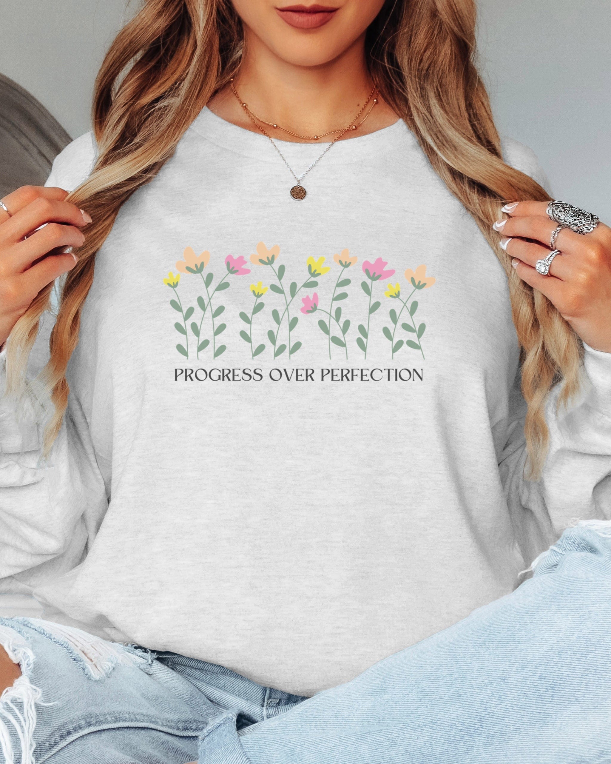 Progress Over Perfection Long Sleeve T-Shirt-Neurodiversity, ADHD & Autism Awareness & Acceptance Long-sleeve by Daily Bloom