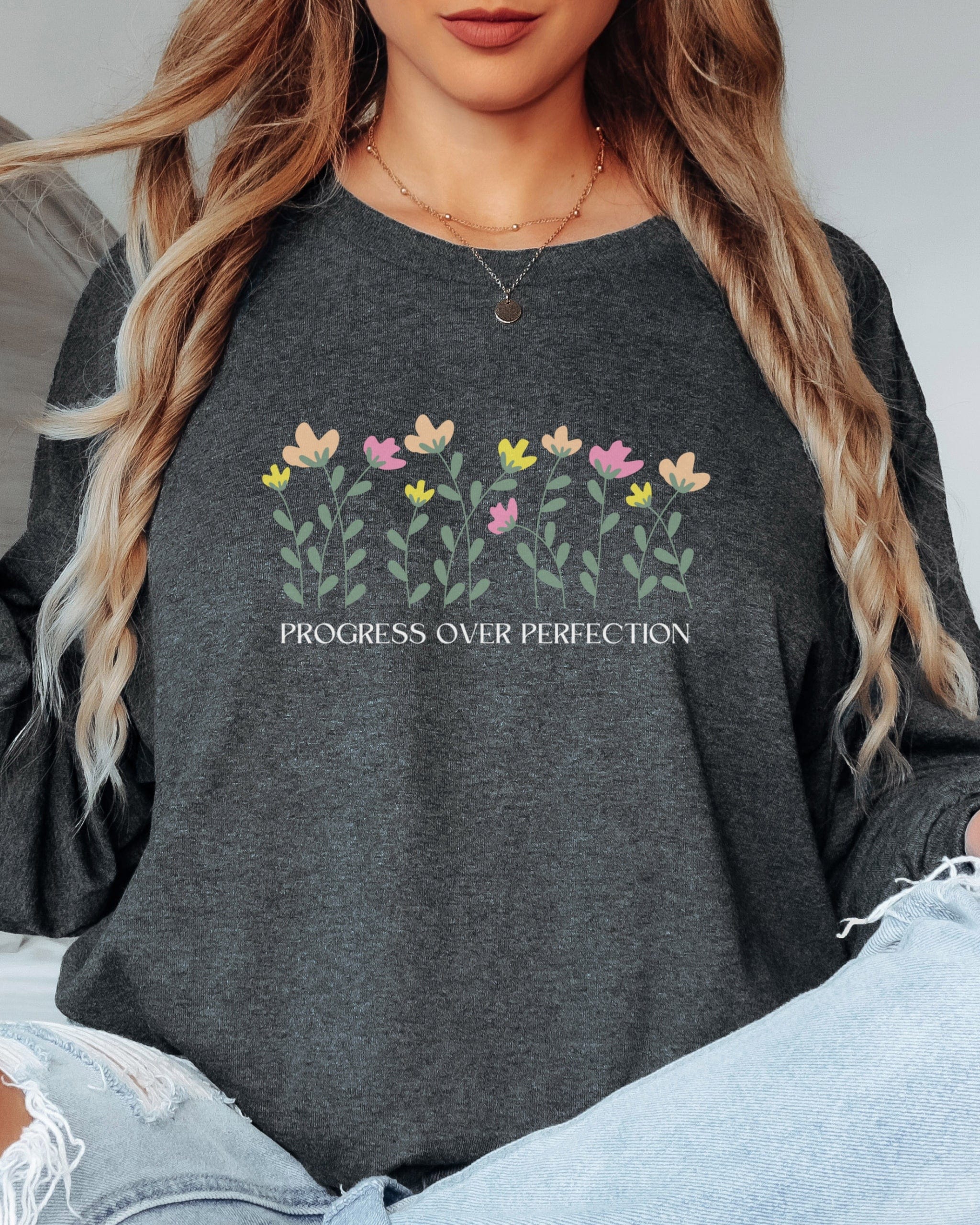 Progress Over Perfection Long Sleeve T-Shirt-Neurodiversity, ADHD & Autism Awareness & Acceptance Long-sleeve by Daily Bloom