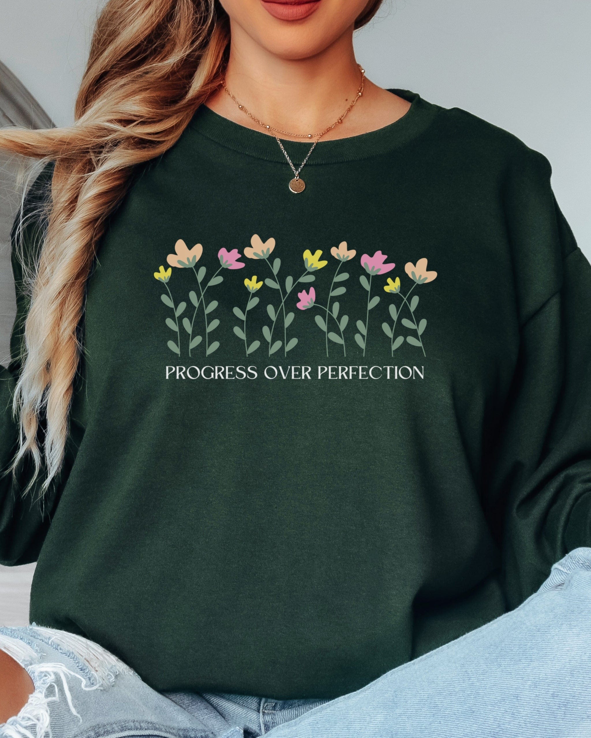 Progress Over Perfection Long Sleeve T-Shirt-Neurodiversity, ADHD & Autism Awareness & Acceptance Long-sleeve by Daily Bloom