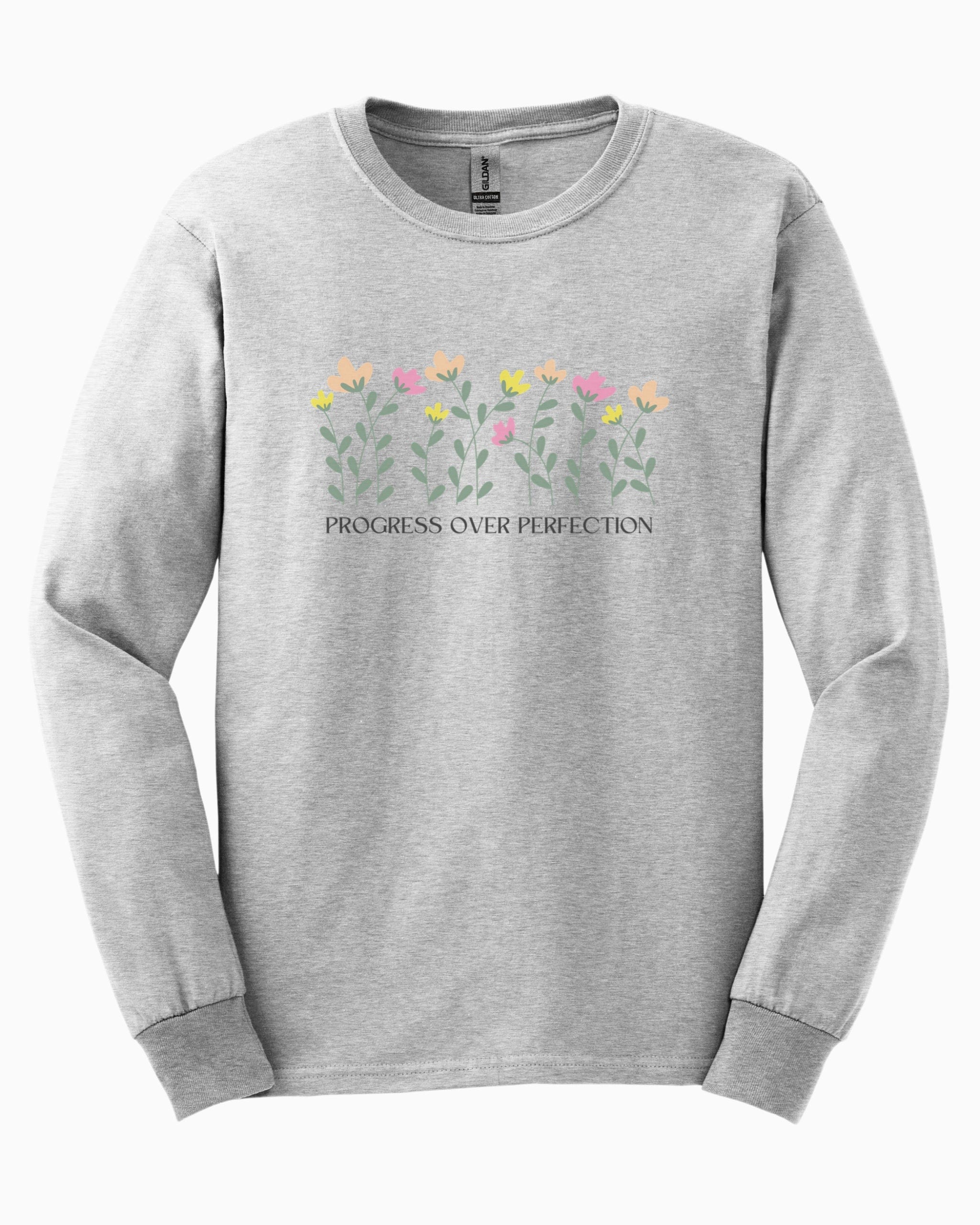 Progress Over Perfection Long Sleeve T-Shirt-Ash-Neurodiversity, ADHD & Autism Awareness & Acceptance Long-sleeve by Daily Bloom