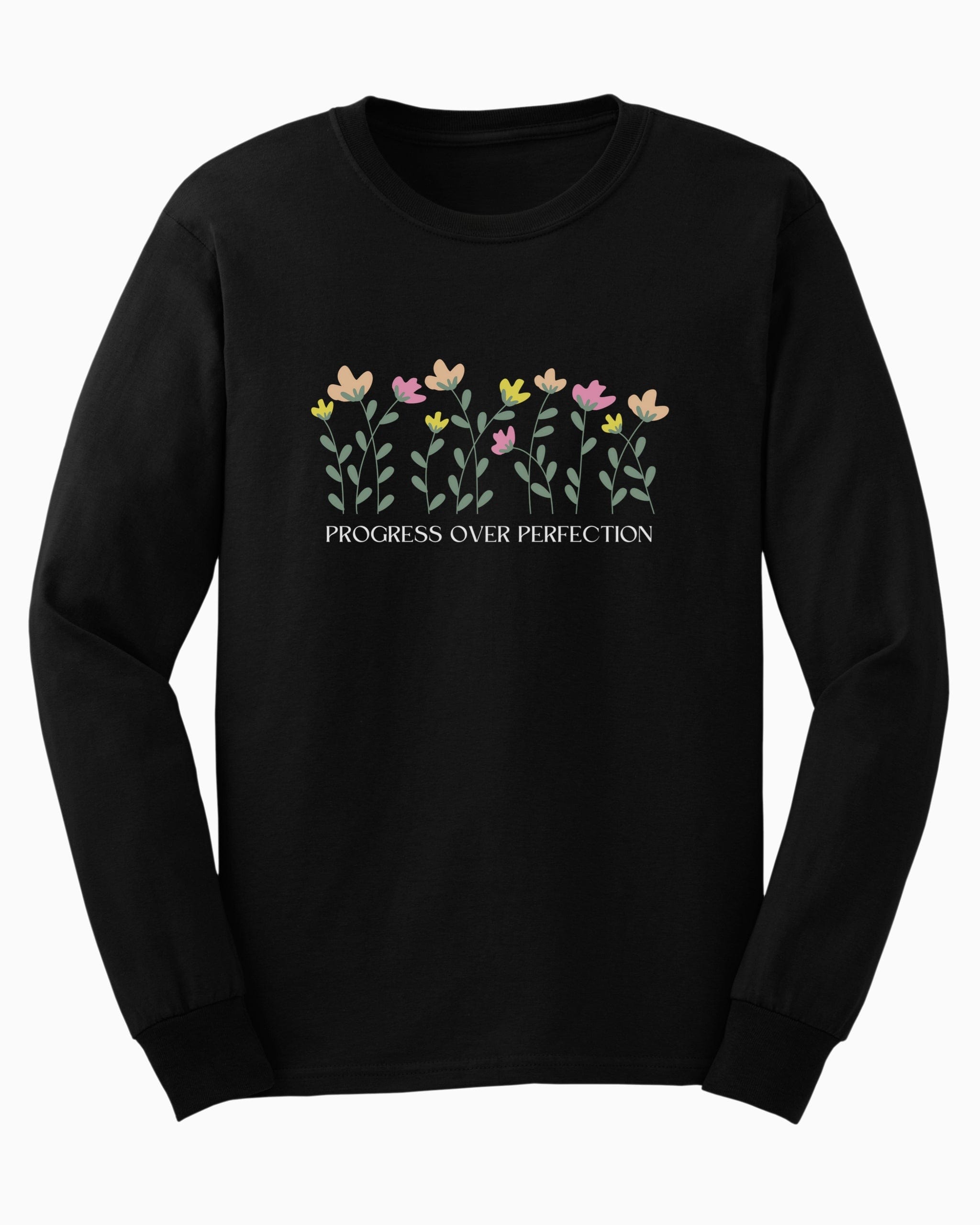 Progress Over Perfection Long Sleeve T-Shirt-Black-Neurodiversity, ADHD & Autism Awareness & Acceptance Long-sleeve by Daily Bloom