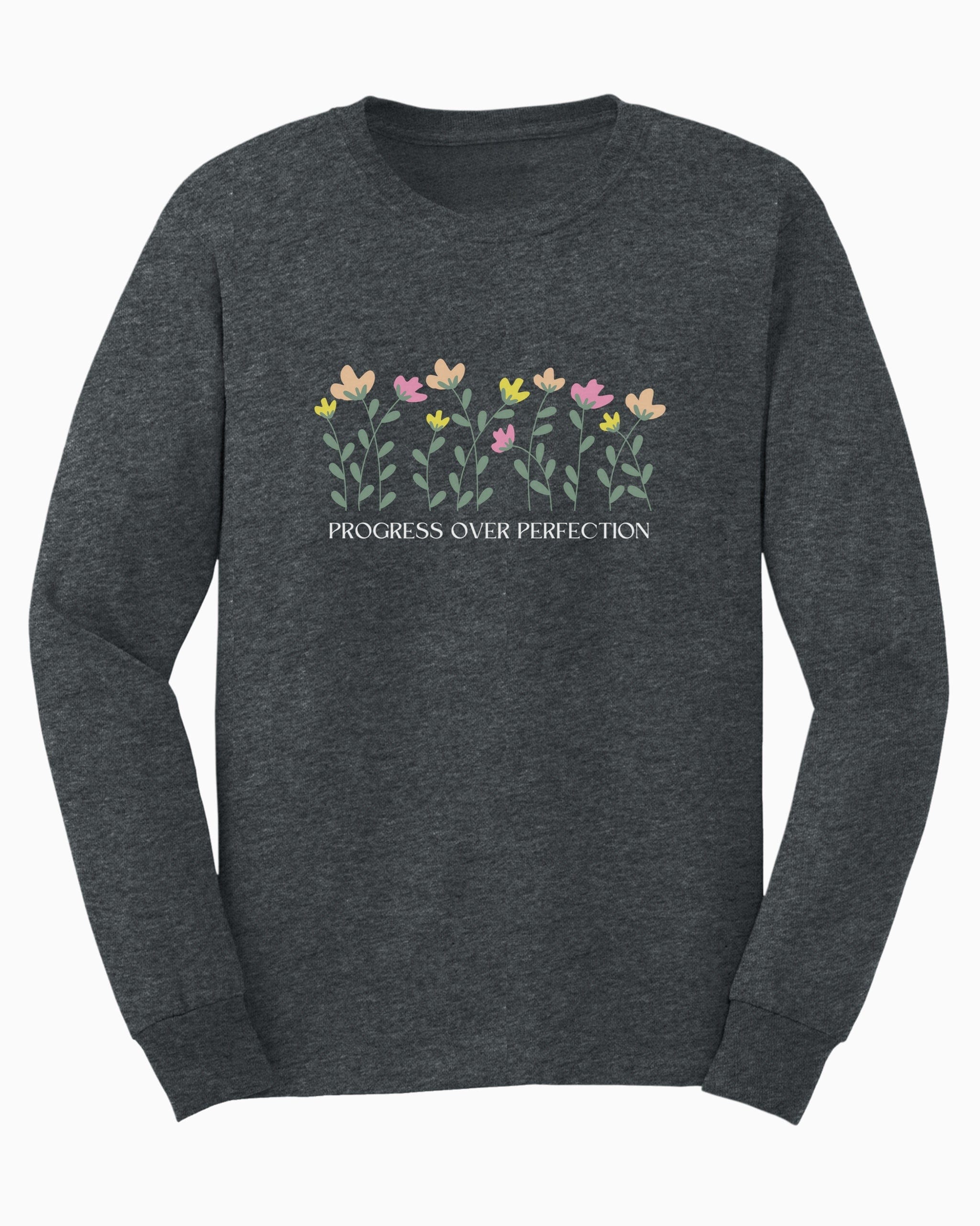 Progress Over Perfection Long Sleeve T-Shirt-Dark Heather-Neurodiversity, ADHD & Autism Awareness & Acceptance Long-sleeve by Daily Bloom