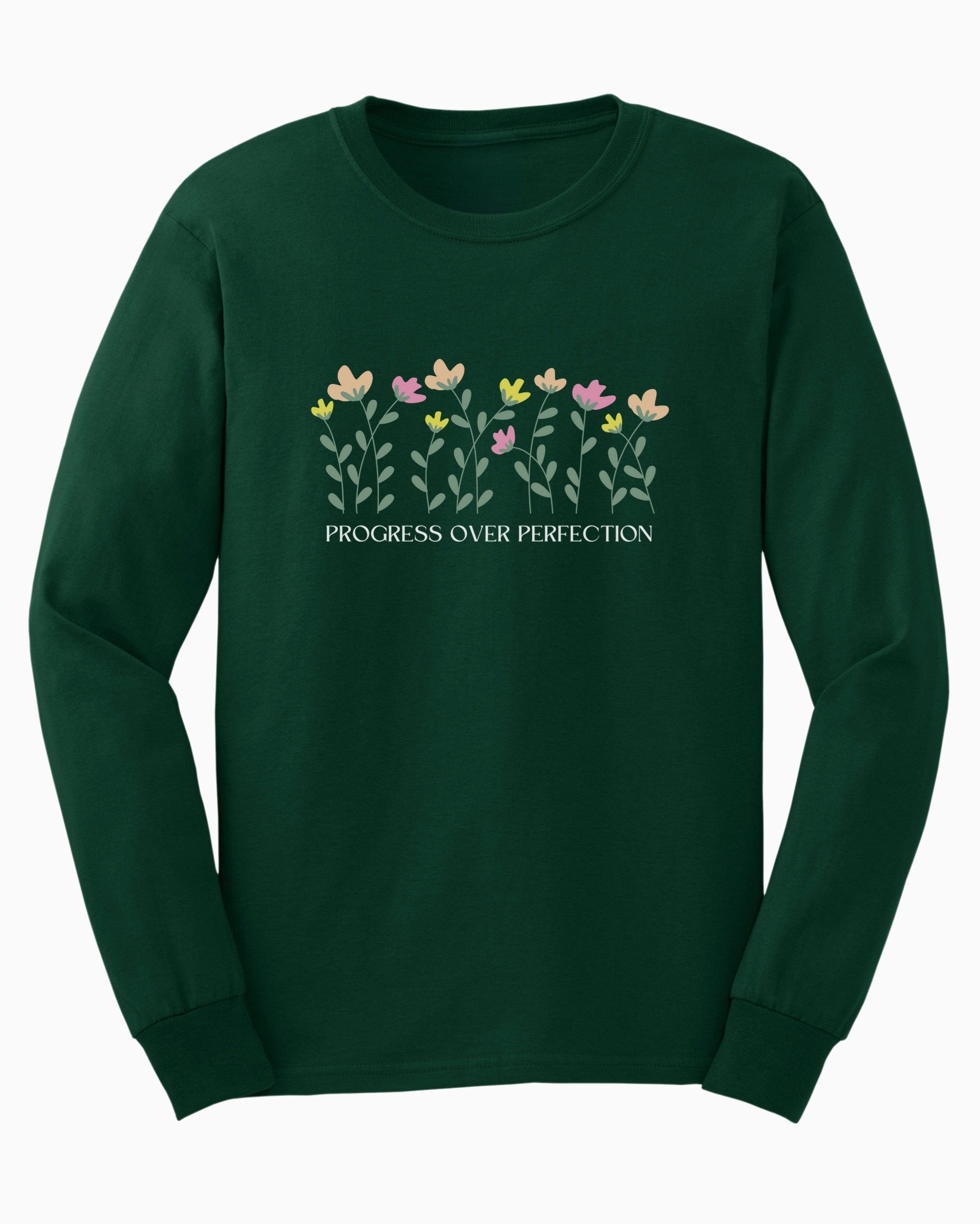 Progress Over Perfection Long Sleeve T-Shirt-Forest Green-Neurodiversity, ADHD & Autism Awareness & Acceptance Long-sleeve by Daily Bloom