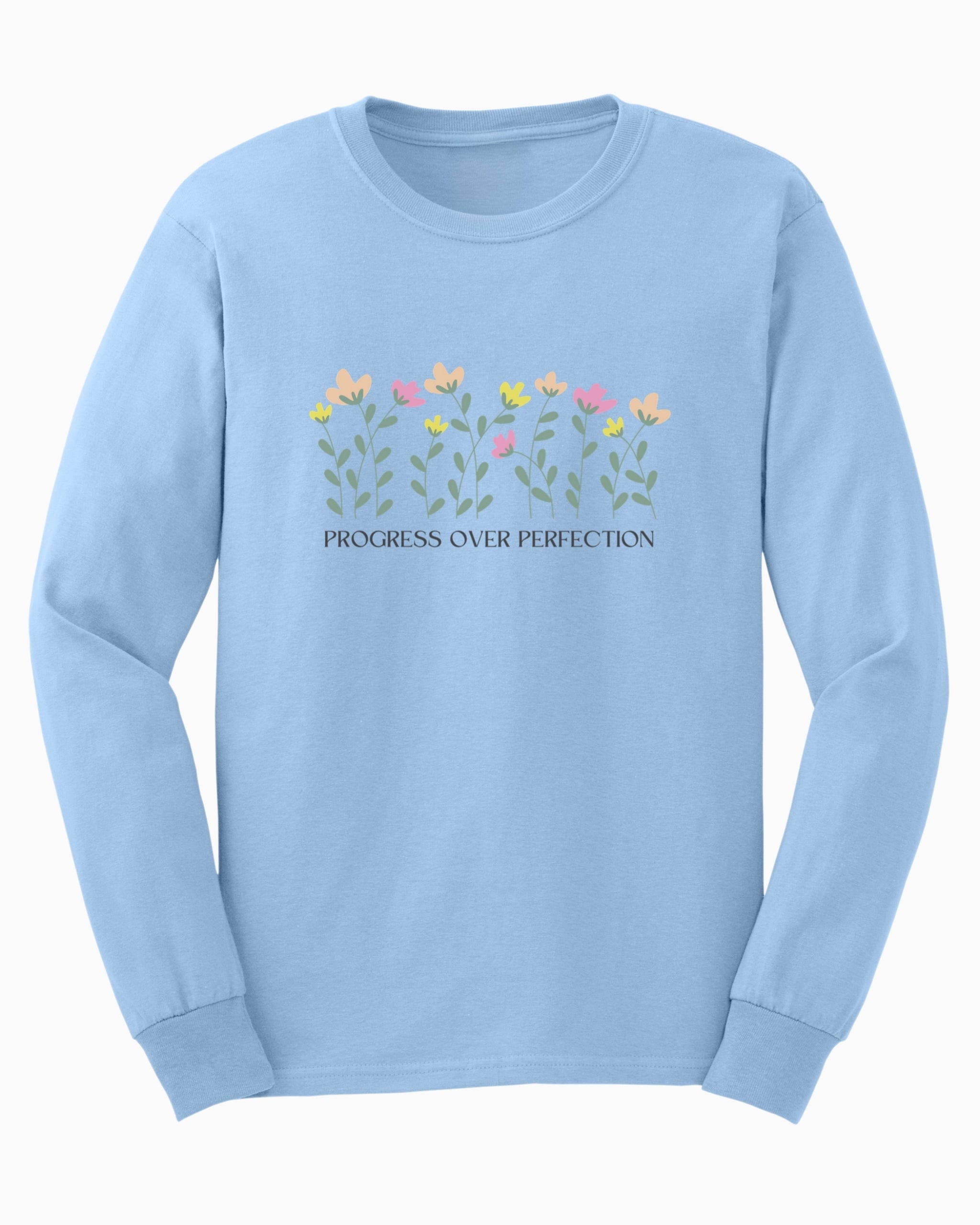 Progress Over Perfection Long Sleeve T-Shirt-Light Blue-Neurodiversity, ADHD & Autism Awareness & Acceptance Long-sleeve by Daily Bloom