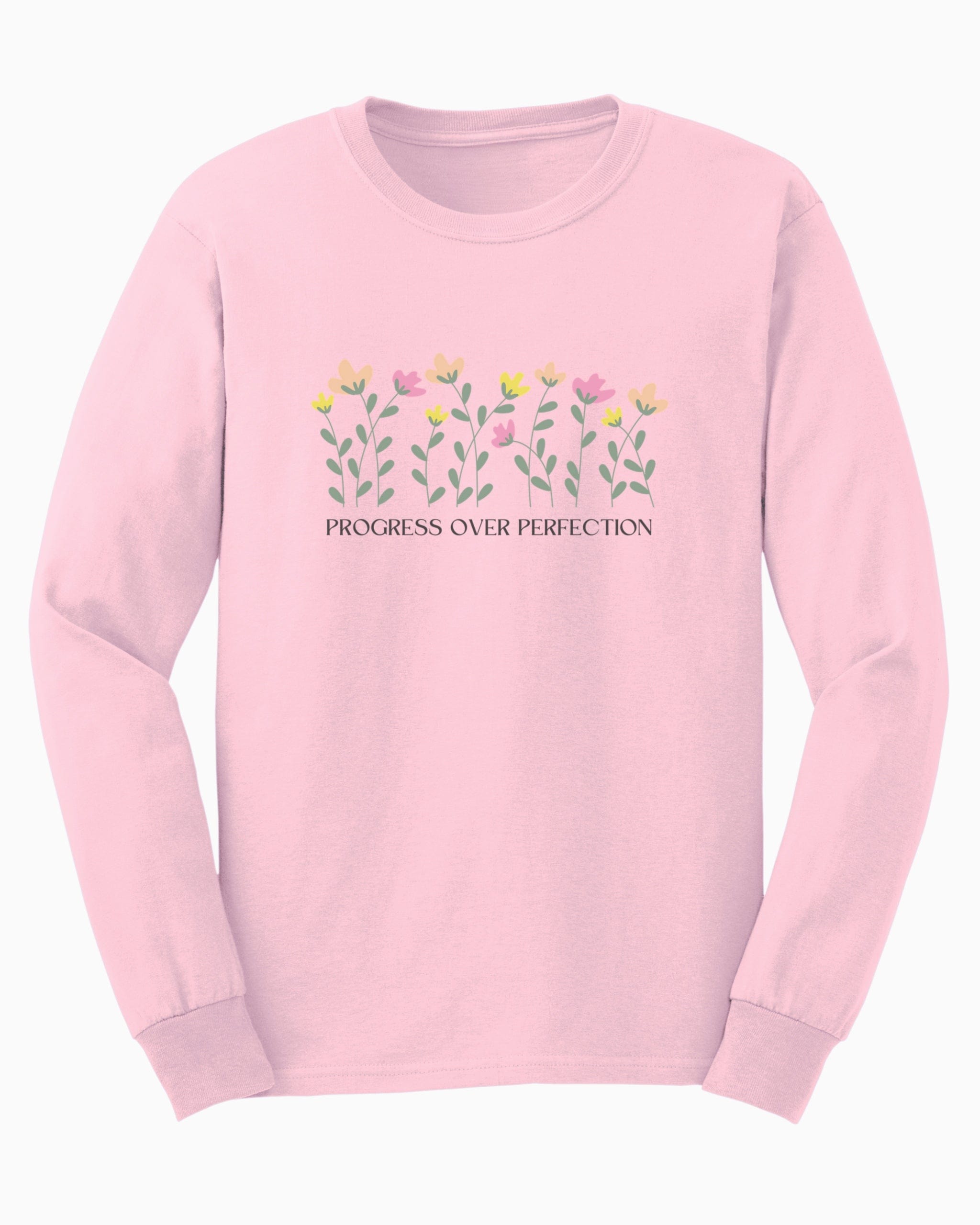 Progress Over Perfection Long Sleeve T-Shirt-Light Pink-Neurodiversity, ADHD & Autism Awareness & Acceptance Long-sleeve by Daily Bloom